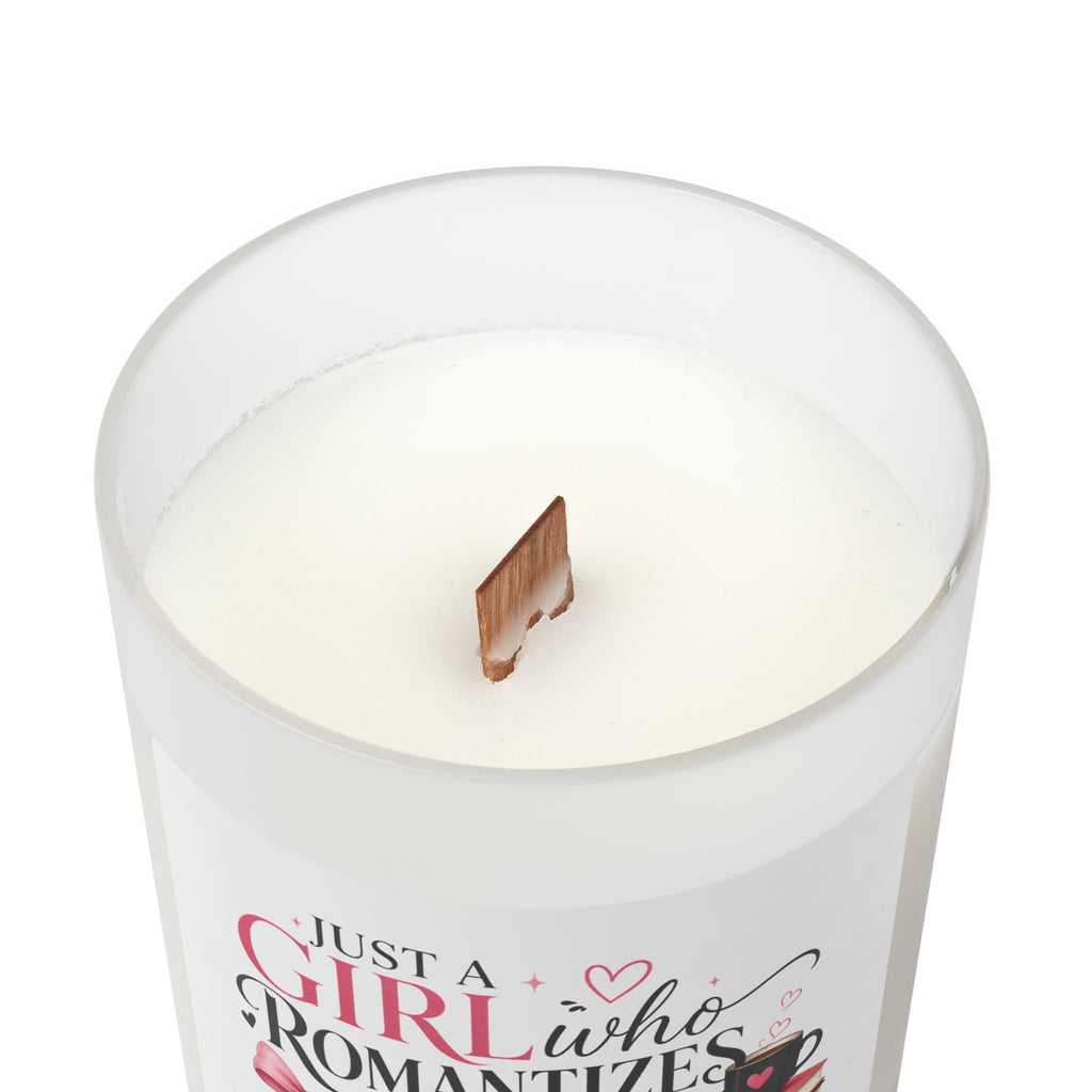 Romanticizes Her Life Candle — Frosted Glass 11oz ("Just a Girl Who Romanticizes her Life One Book at a Time")