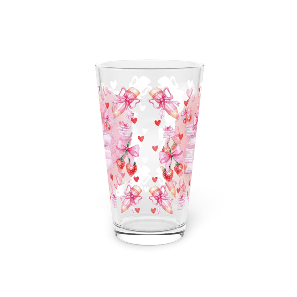 Romantic Pink Books and Bows Pint Glass | 16oz Party Drinkware Book Lover