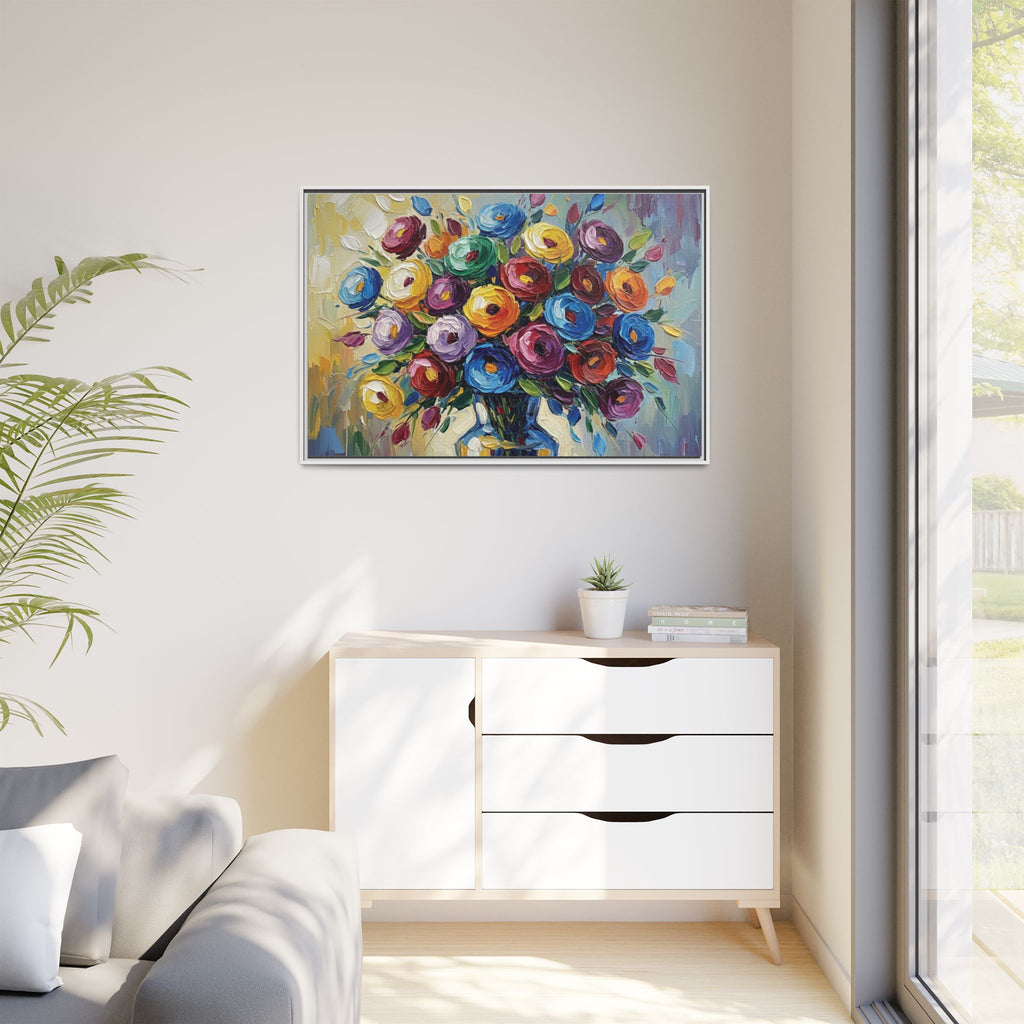 Impression sur toile bouquet floral aquarelle - Tableau mural encadré mat - Illusion de peinture à l'huile vibrante