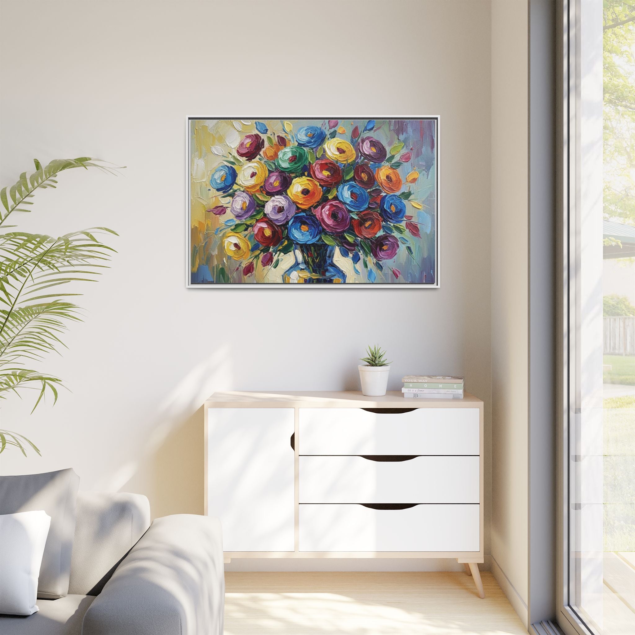 Impression sur toile bouquet floral aquarelle - Tableau mural encadré mat - Illusion de peinture à l'huile vibrante