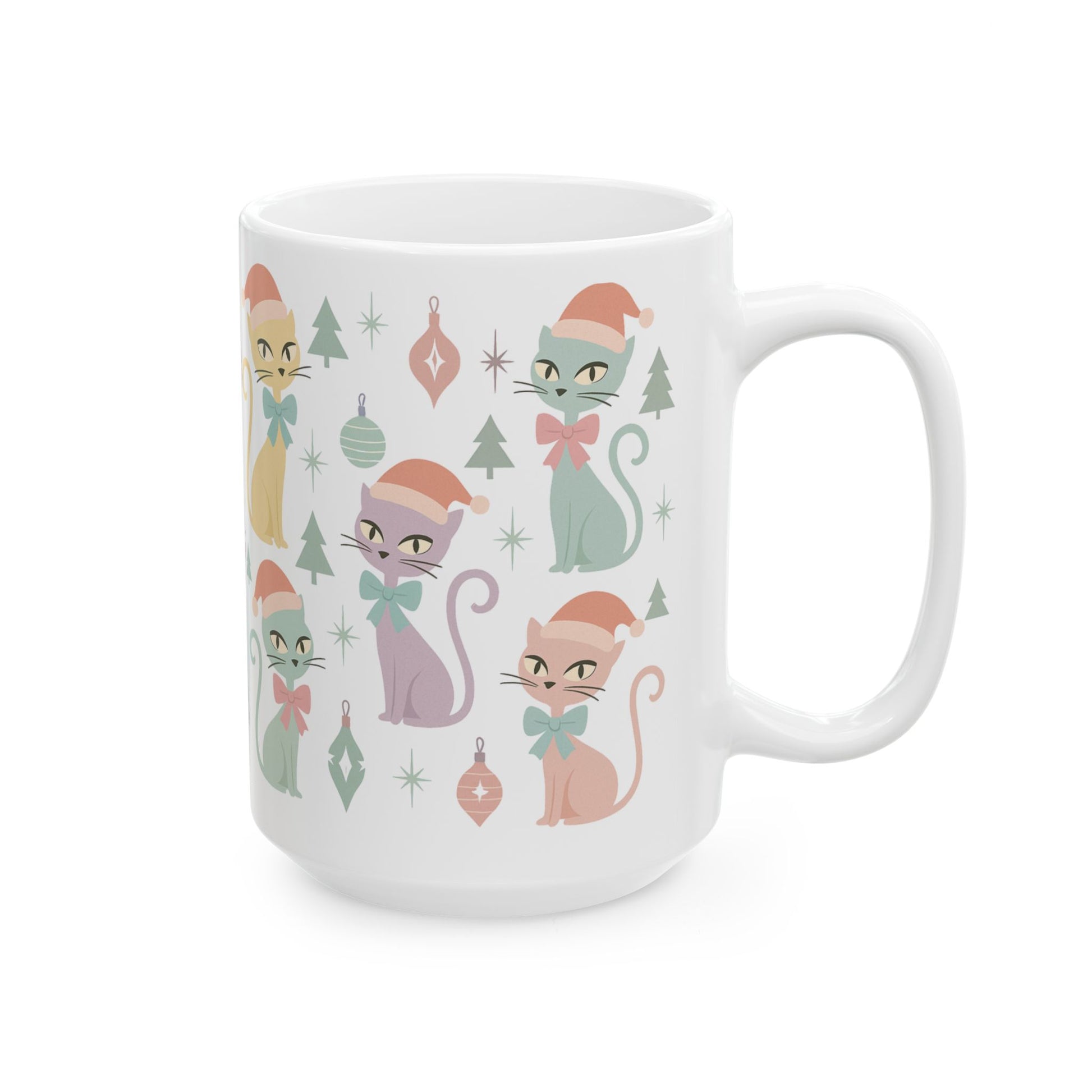 Pastel Atomic Cat Mug, Retro Mid Century Modern Coffee Cup, Vintage Kitty Design with Coquette Bow, 11oz & 15oz Ceramic Mug for Cat Lovers