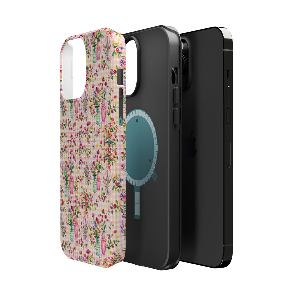Turquoise & Pink Floral Checker Phone Case — Magnetic Impact-Resistant