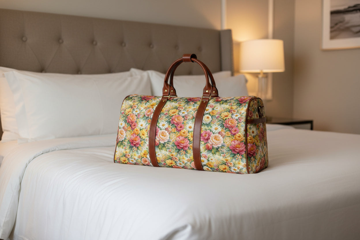 Floral patterned bag with brown handles on a white background