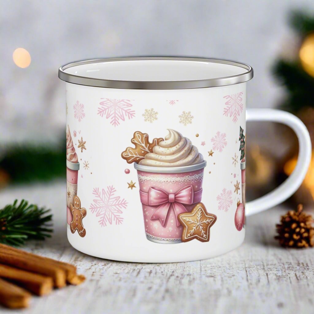 Enamel Camping Mug 12oz Enamel Camping Mug Pink Christmas Gingerbread Design | Durable, Lightweight Mug for Holiday Camping, Hot Cocoa, Coffee | Festive Gingerbread Art Perfect Christmas Gift - MRSBYVALLE