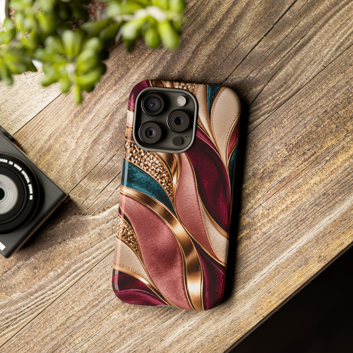 Lux Marble Waves Phone Case Metallic Burgundy, Teal Gold Protective Cover iPhone 18