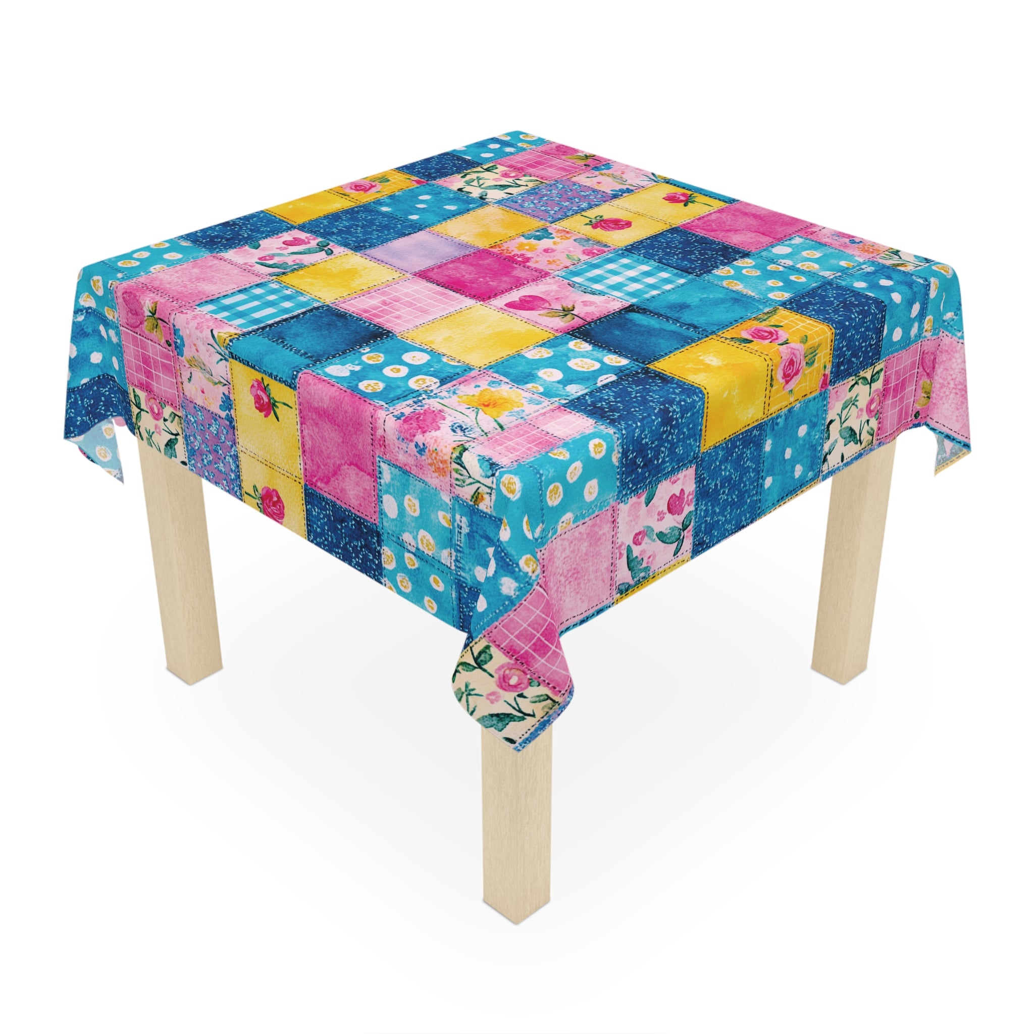 Pastel Patchwork Illusion Tablecloth — Soft Vintage Floral Patchwork Table Linen