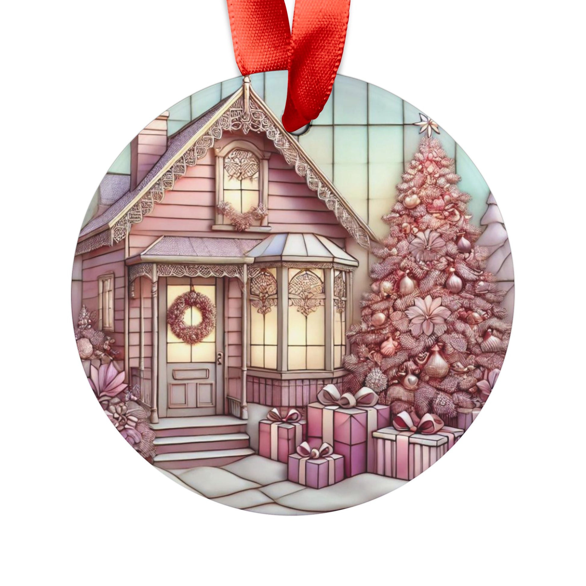 Vintage Pink Christmas House Ornament - Acrylic with Ribbon Perfect Holiday Decor, Unique Christmas Gift Idea, Pastel Holiday Decoration, Cozy Home Tree Design - MRSBYVALLE