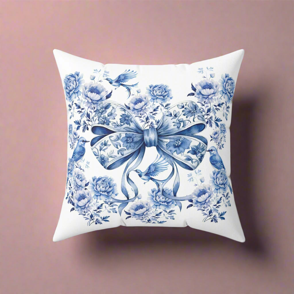 Elegant Blue Bow Chinoiserie Square Pillow – Vintage Bird & Floral Design, Soft & Stylish, Available in 16x16, 18x18 & 20x20, Perfect for Home Decor & Gifting Sofa Decor 100% Polyester with Double-Sided Print