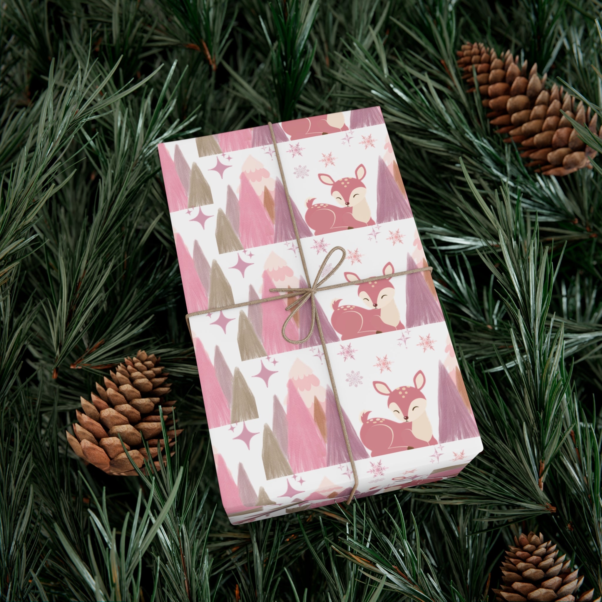 Pink and Lavender Deer Wrapping Paper, Whimsical Christmas Gift Wrap, Pastel Holiday Paper, Winter Wonderland Theme, Elegant Xmas Packaging