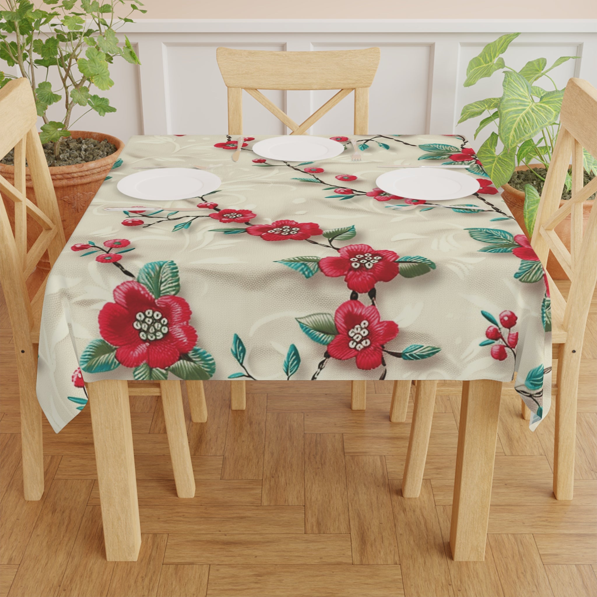 Elegant 3D Embroidery Illusion Red Flowers Tablecloth: Stylish Floral Decor for Dining Room Special Occasions (55.1"x55.1") | 100% Polyester | Soft & Lightweight | Unique Holiday Table Deco Perfect Gift for Housewarming, Parties,  all Events and Occasions - MRSBYVALLE