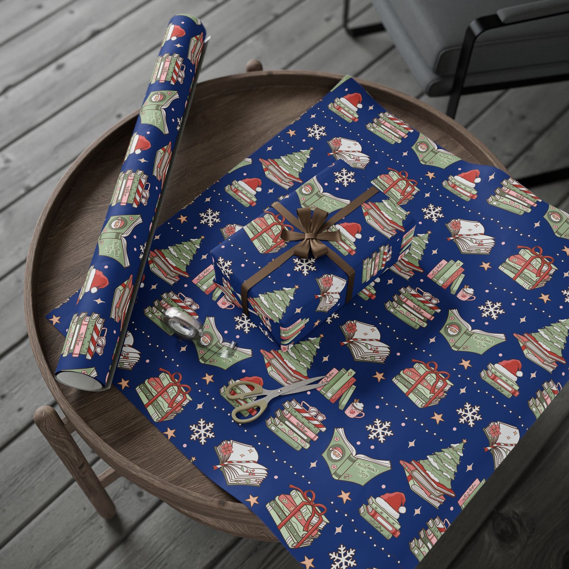 Wrapping Papers Royal Blue Christmas Books and Coffee Design Holiday Gift Wrap