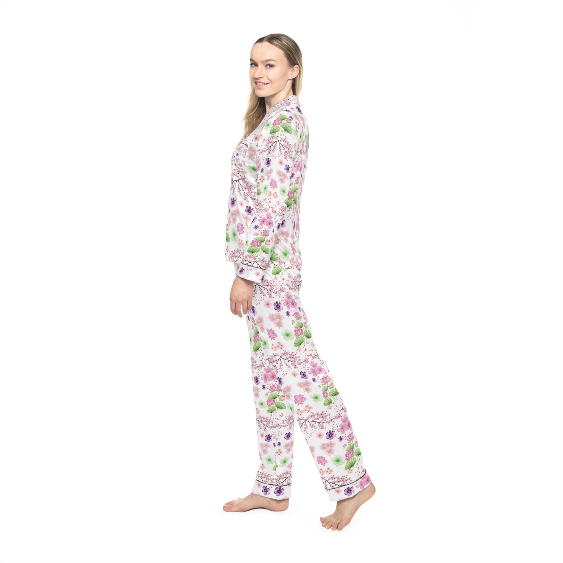 Pink and Mint Green Floral Luxury Women’s Satin Pajamas  Soft Silk-Feel Sleepwear & Chic Loungewear Set Christmas Gift,  Christmas Morning Outfit Perfect Gift