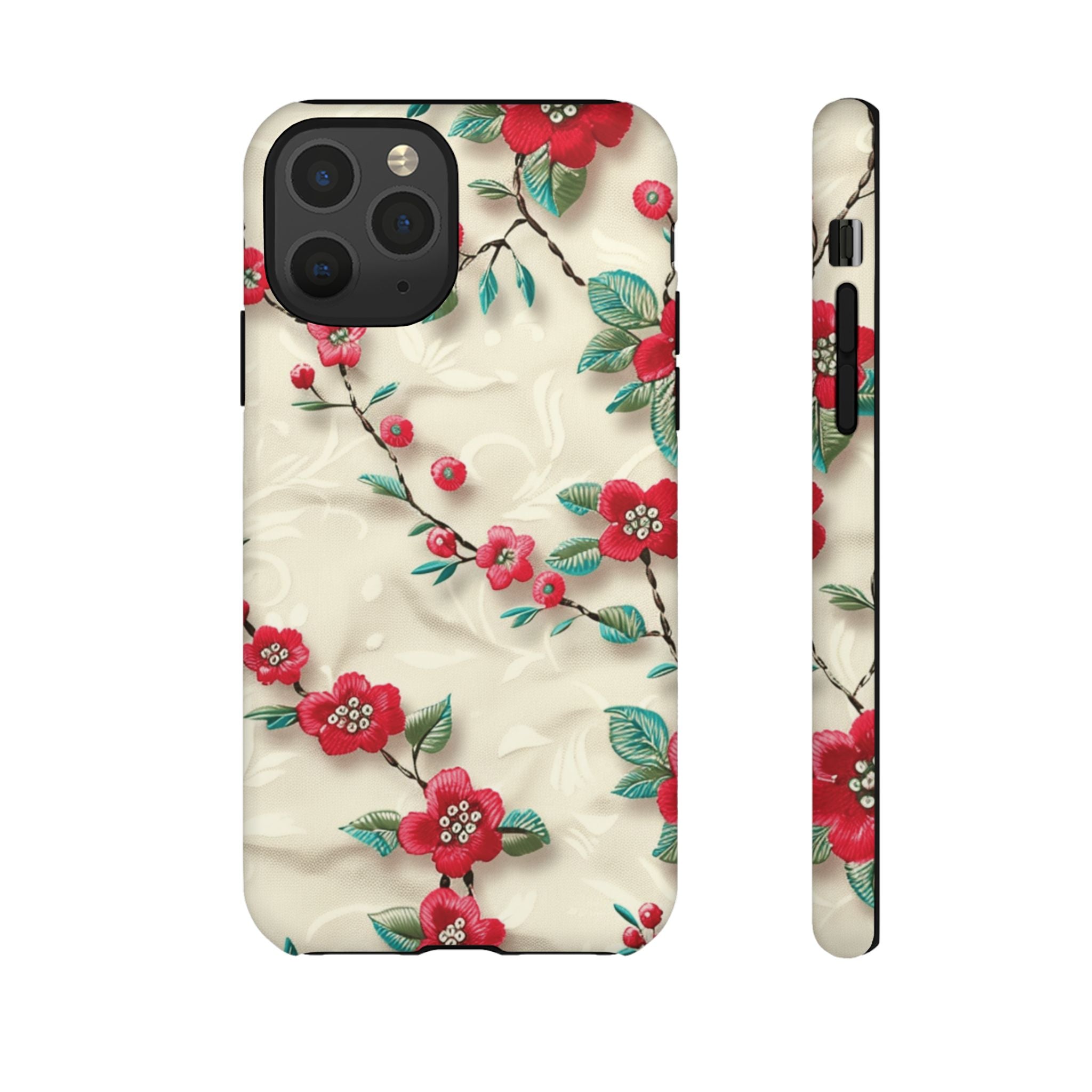 3D Embroidery Illusion Red Flowers Phone Case for iPhone, Samsung Pixel Artistic Floral Protection 15 14 13 12, 21 23 Gift for Her Perfect for Floral Lover
