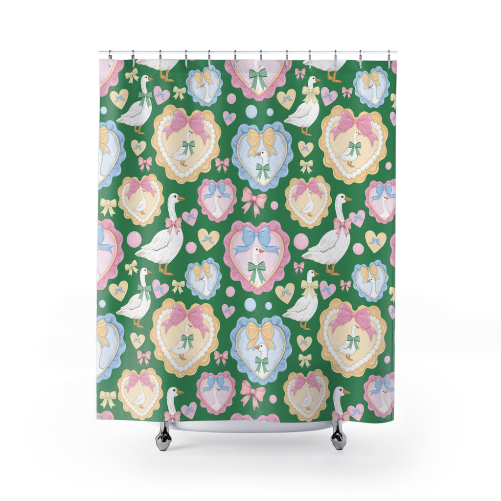 Green Silly Goose Shower Curtain with Pastel Bows & Hearts – Cozy Bathroom Decor