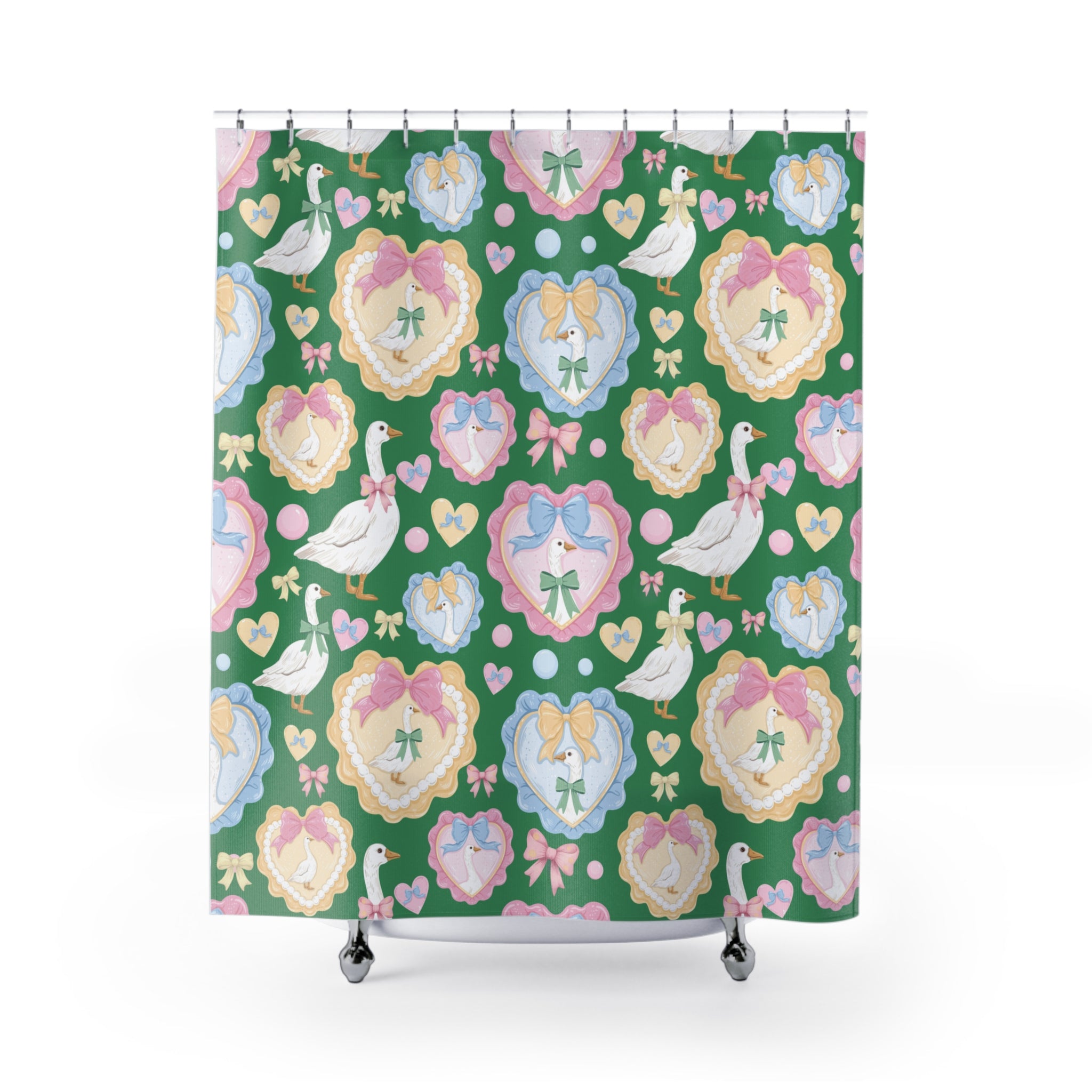 Green Silly Goose Shower Curtain with Pastel Bows & Hearts – Cozy Bathroom Decor