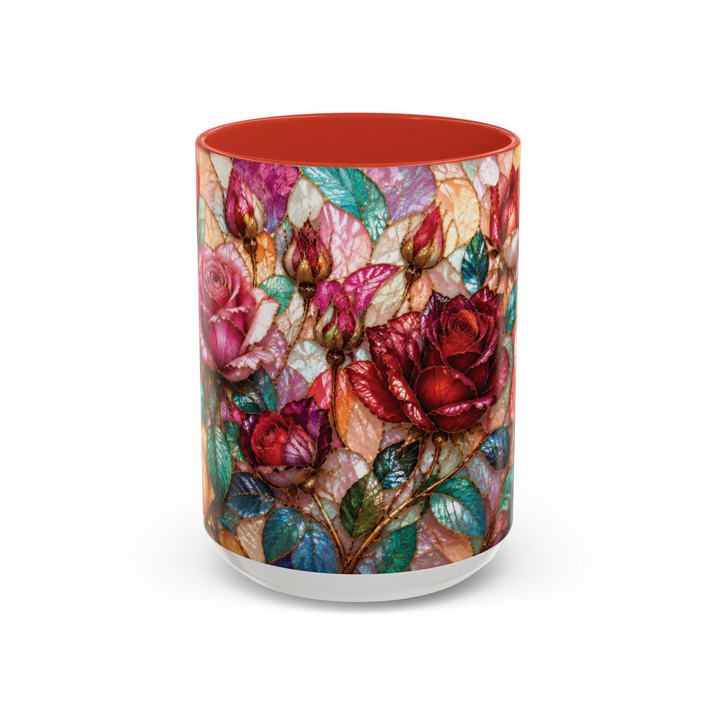 Floral Stained-Glass Accent Coffee Mug Colorful Rose Pattern