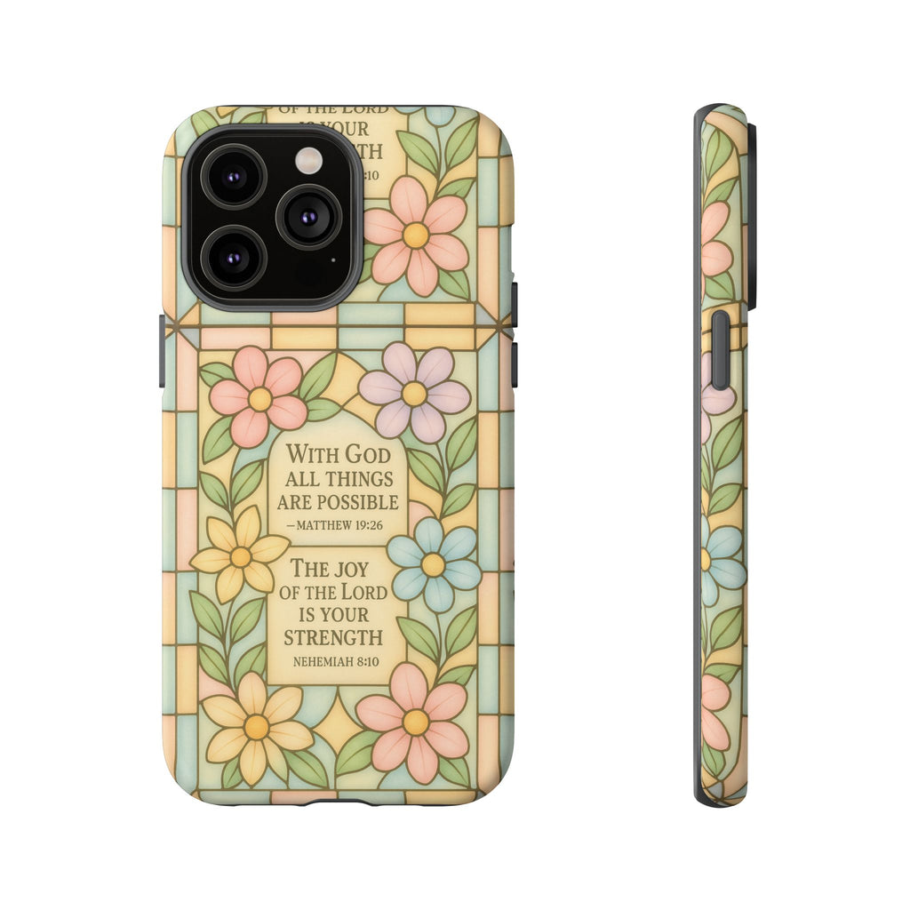 Pastel Stained Glass Bible Verse Phone Case Christian Affirmation Cover, Soft Geometric Design, iPhone Samsung Google, Faith Gift for Her Bible Verse or Affirmation | Protective, Inspirational Gift for Christians