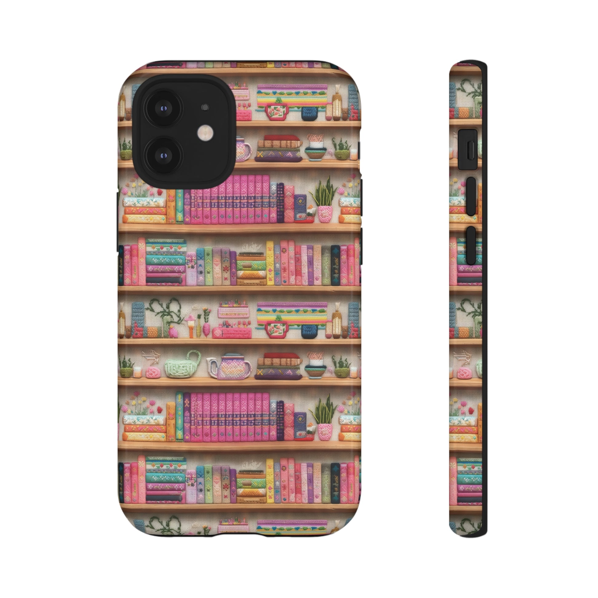 Phone Case 3D Illusion Books & Shelf Embroidery Design with Vibrant Colors Gift for Her Phone 15, Samsung iPhone Samsung Gift for Her Case iPhone 15, Samsung iPhone Samsung Accessory Gift for Her.