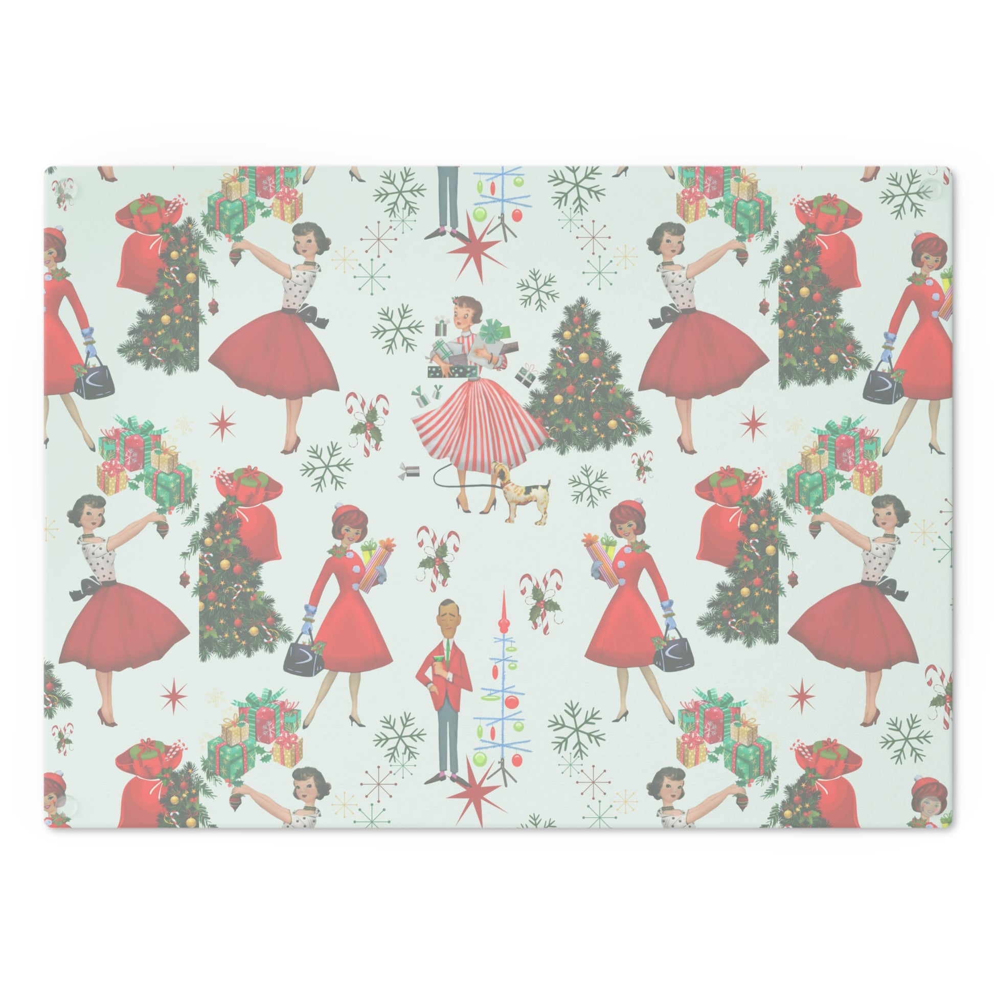 New House Tempered Glass Cutting Board with 1950s Vintage Retro Christmas Design Ultra-Durable Kitchen Accessory for Stylish Cooking Kitchen Decor Housewarming, New House Gift - MRSBYVALLE