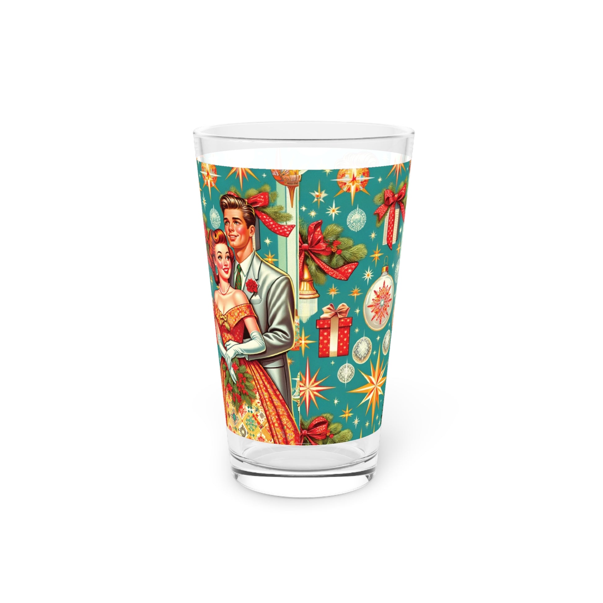 Retro Radiance 16 oz Pint Glass Featuring 50s Franciscan Diamond Starburst Kitsch Christmas Card Art Party Drinkware, Cocktail Glass Housewarming Perfect Gift Party Drinkware, Cocktail, Wedding Perfect for Parties - MRSBYVALLE