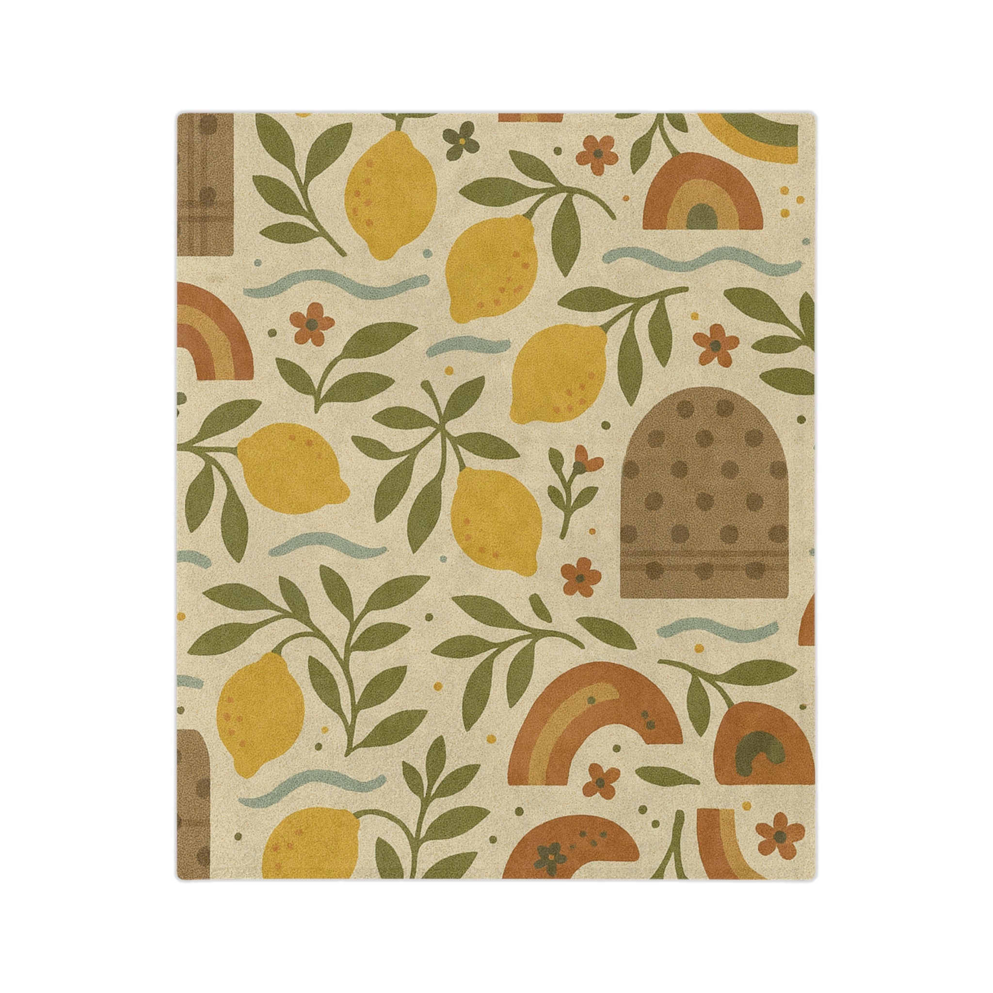 Jeté en tricot douillet motif bosquet de citronniers bohème, avec citrons dessinés à la main, feuilles d'olivier et vagues douces dans des tons terreux, parfait pour la chaleur et le style tout au long de l'année