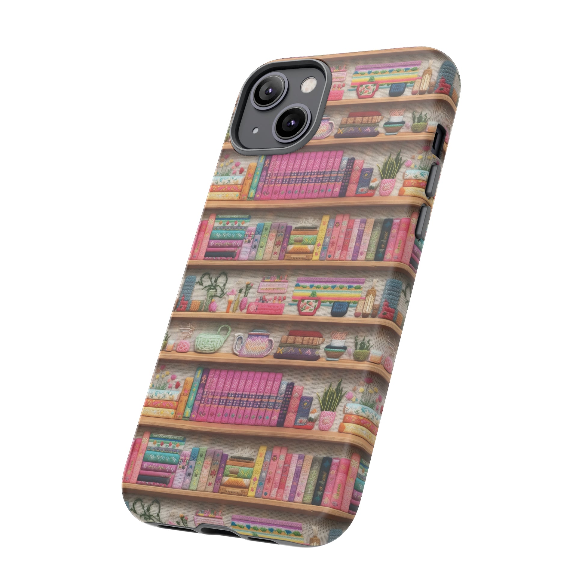 Phone Case 3D Illusion Books & Shelf Embroidery Design with Vibrant Colors Gift for Her Phone 15, Samsung iPhone Samsung Gift for Her Case iPhone 15, Samsung iPhone Samsung Accessory Gift for Her.