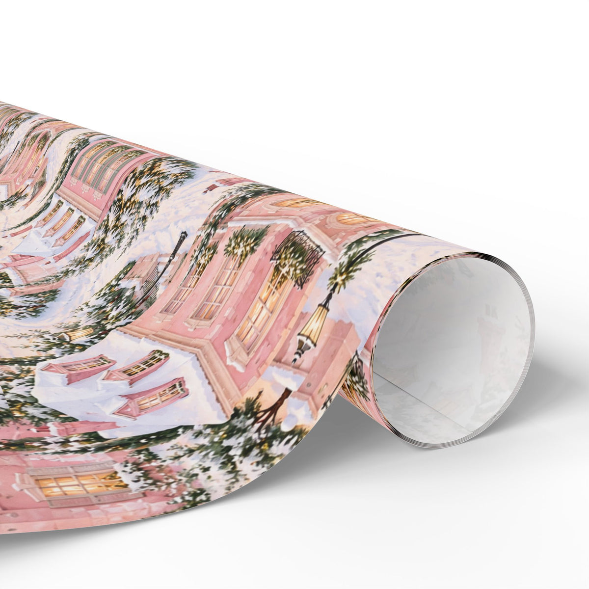 Wrapping Paper — Pink Snowy Village Holiday Gift Wrap (Festive Cottage Pattern)