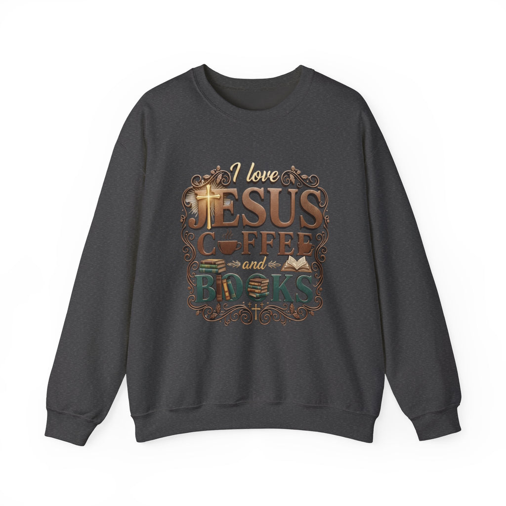 Love Jesus, Coffee & Books Sweatshirt | Christian Unisex Crewneck, Cozy Faith Gift