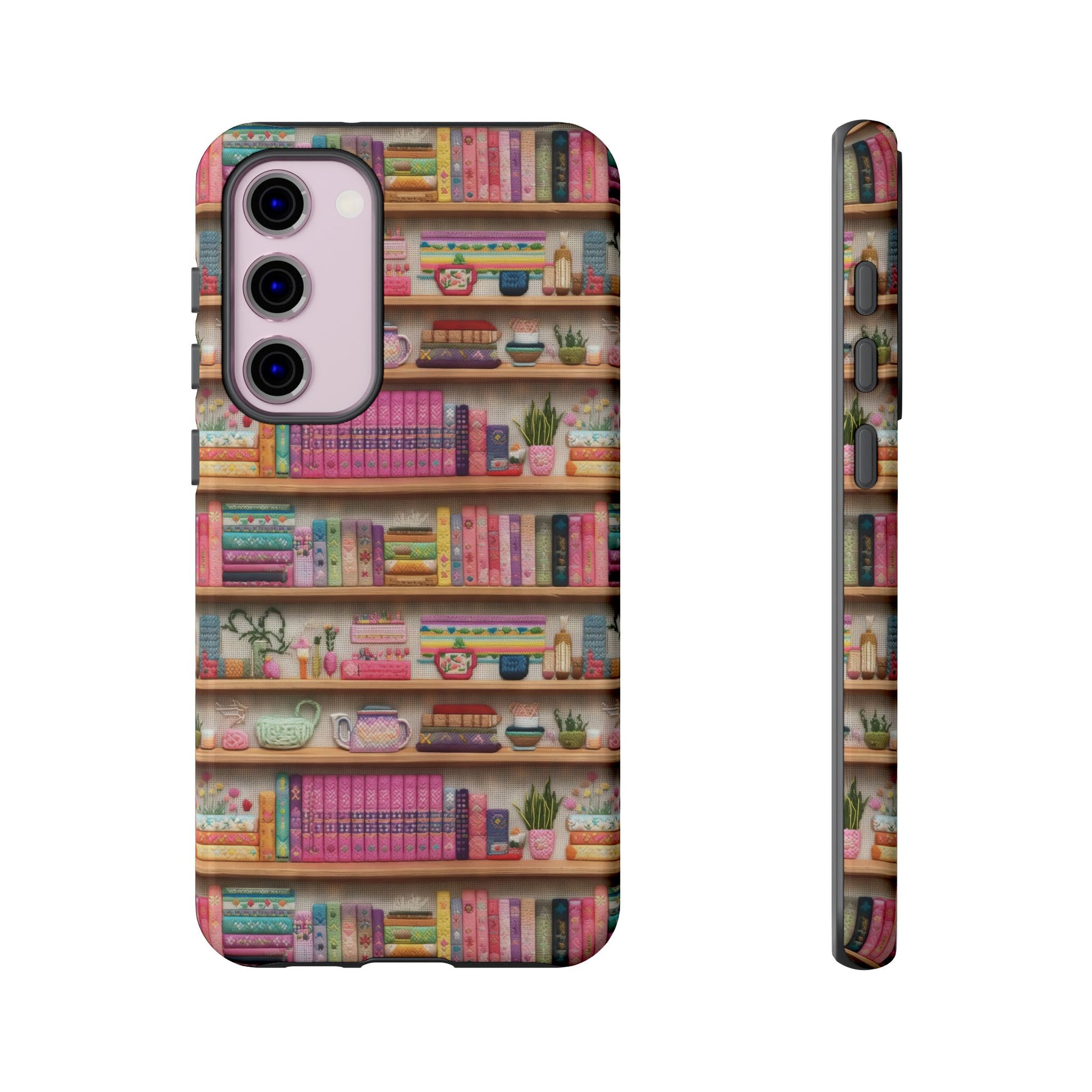 Whimsical 3D Embroidery Illusion Books on Pastel Shelves Phone Case for iPhone, Samsung & Pixel: Unique Accessory for Literary Enthusiasts Gift for Her Perfect for Floral Lover