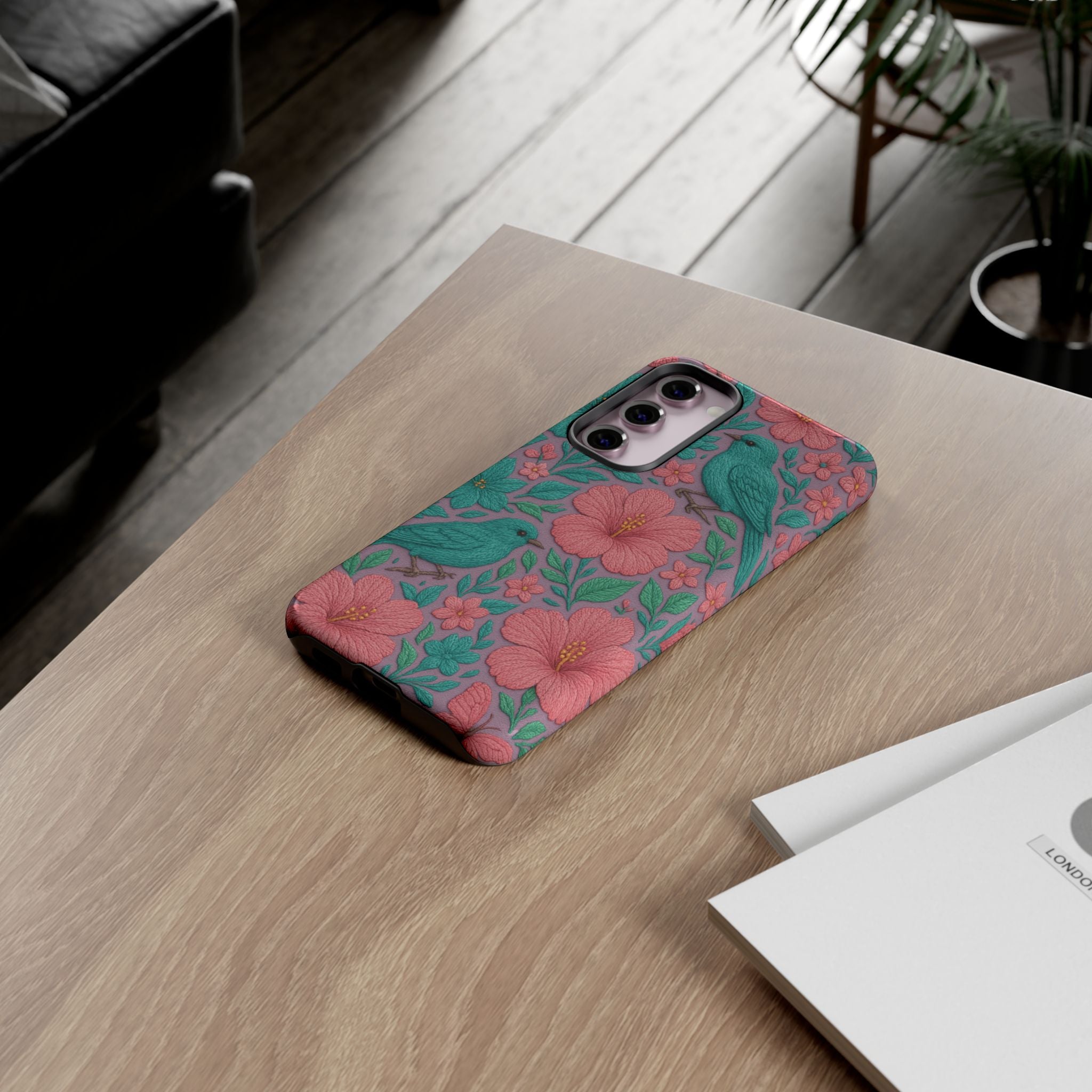 Turquoise, Pink and Lavender 3D Embroidery Illusion Phone Case Tropical Flowers, Birds & Butterflies Cover with Bold, Realistic Floral Texture iPhone, Samsung