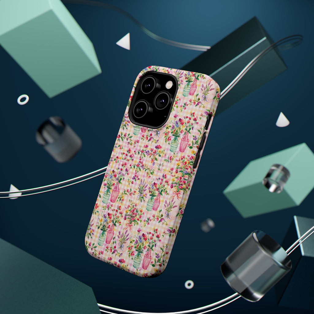 Turquoise & Pink Floral Checker Phone Case — Magnetic Impact-Resistant