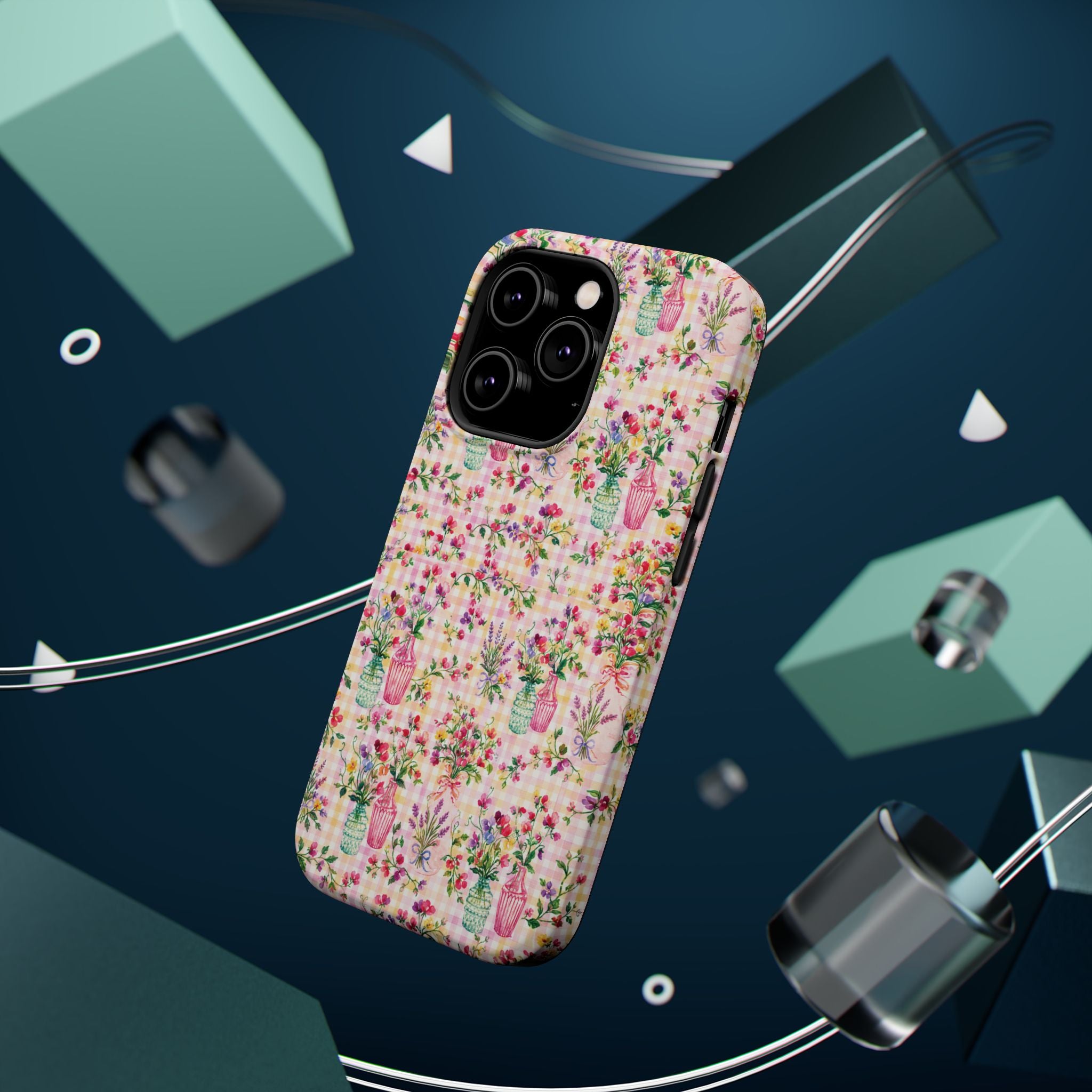 Turquoise & Pink Floral Checker Phone Case — Magnetic Impact-Resistant