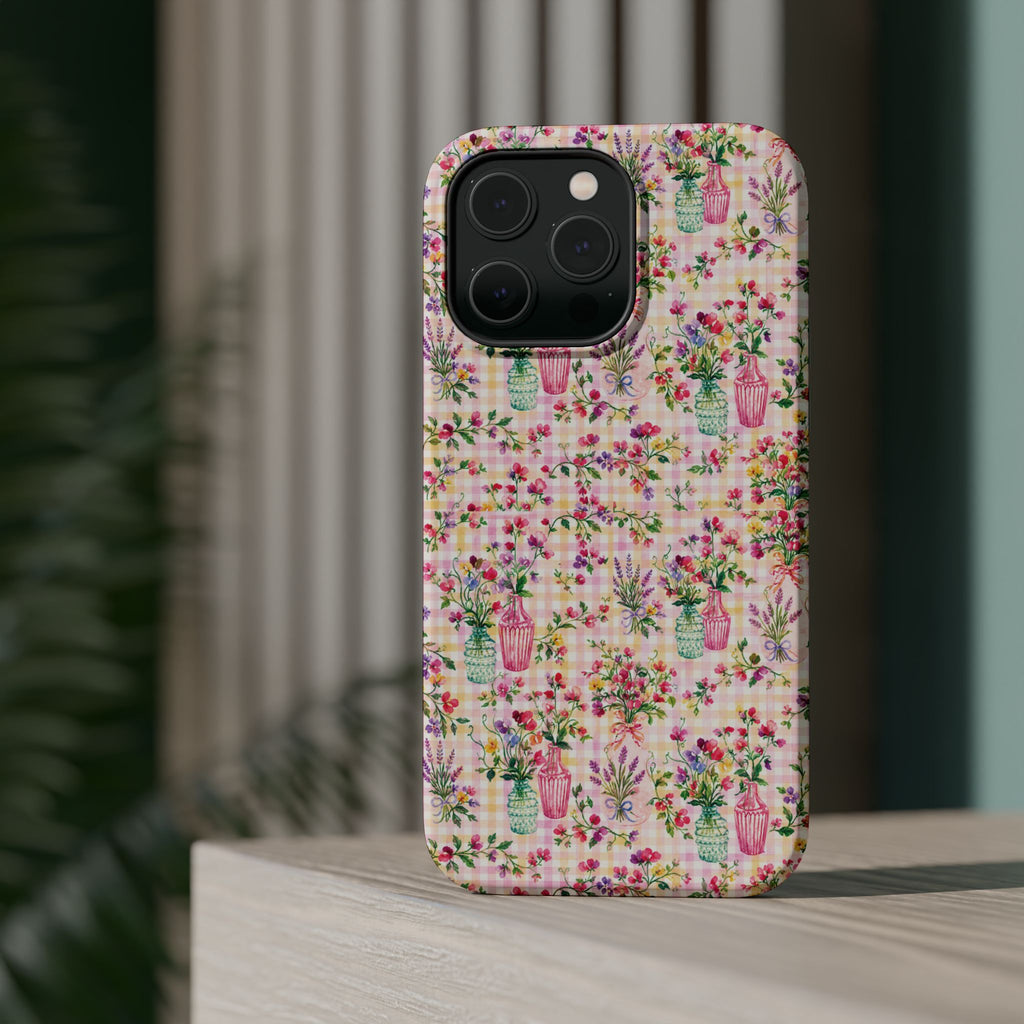 Turquoise & Pink Floral Checker Phone Case — Magnetic Impact-Resistant