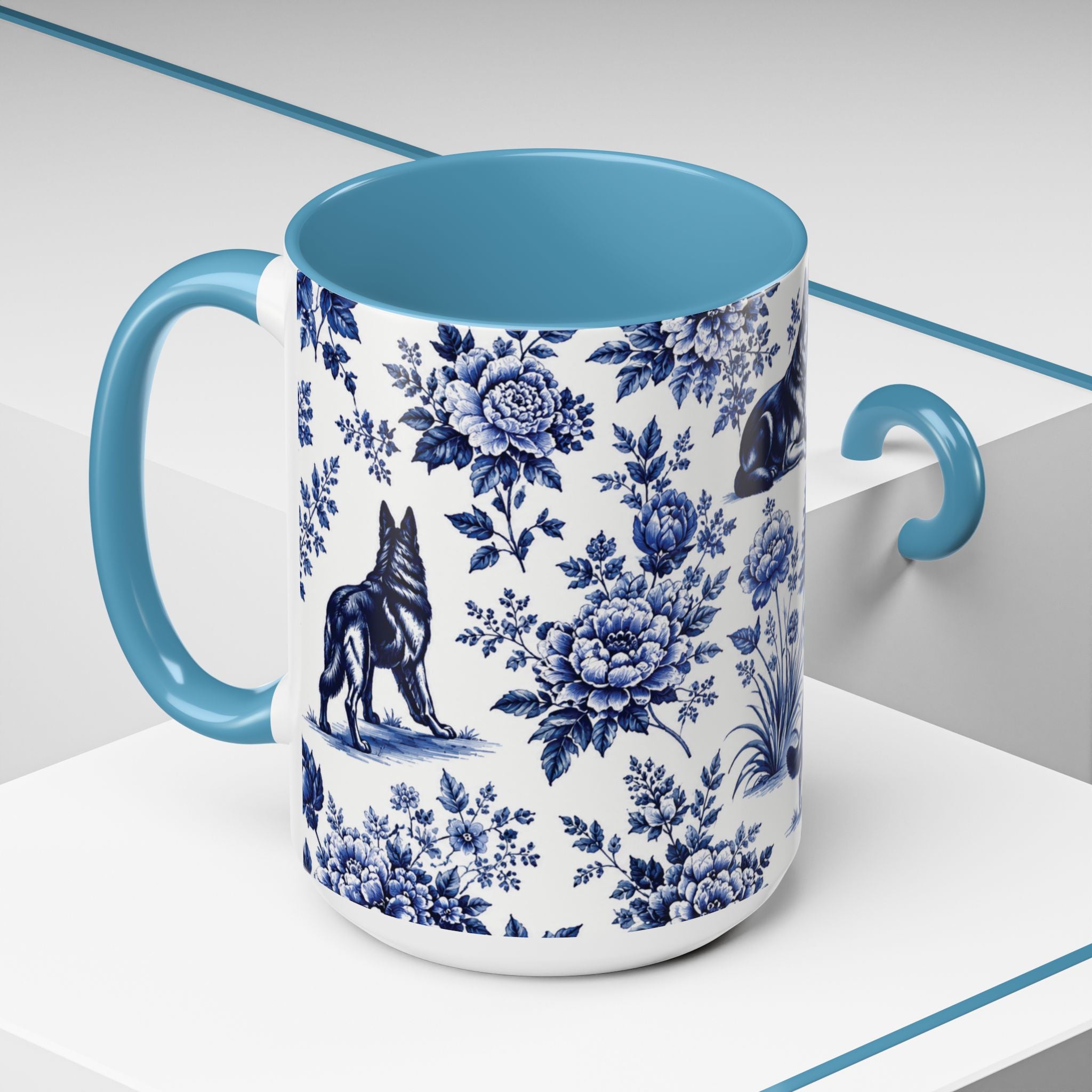 Elegant German Shepherd Floral Mug | Luxury Blue Toile Coffee Mug 11/15oz Accent Ceramic