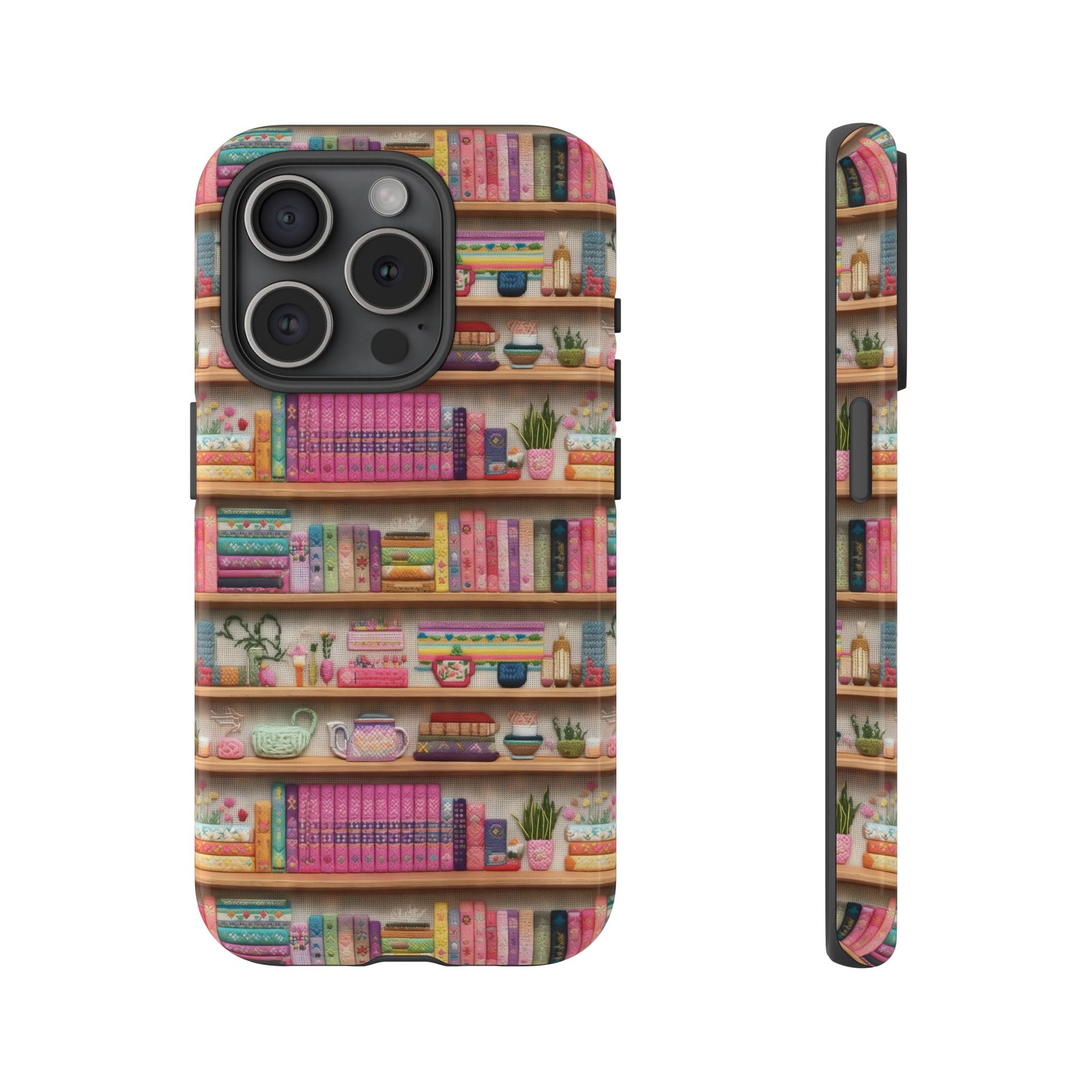 Whimsical 3D Embroidery Illusion Books on Pastel Shelves Phone Case for iPhone, Samsung & Pixel: Unique Accessory for Literary Enthusiasts Gift for Her Perfect for Floral Lover