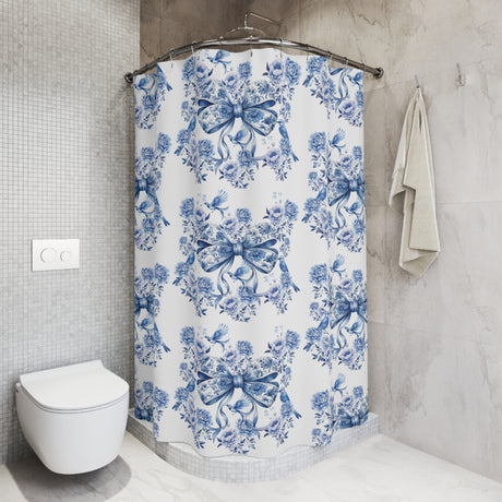 Elegant Blue Bow Chinoiserie Shower Curtain 71x74 – Vintage Bird & Floral Design, Waterproof, Stylish Bathroom Decor, Easy to Hang Maintain for a vibrant upgrade!