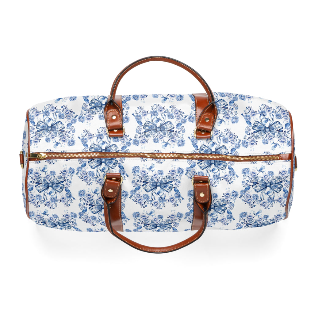 Weekender Bag, Chinoiserie Blue White Travel Bag with Coquette Bows, Lightweight & Spacious, Waterproof Travel Tote for Travelers Overnight Bag for Luxurious and Chic Travel