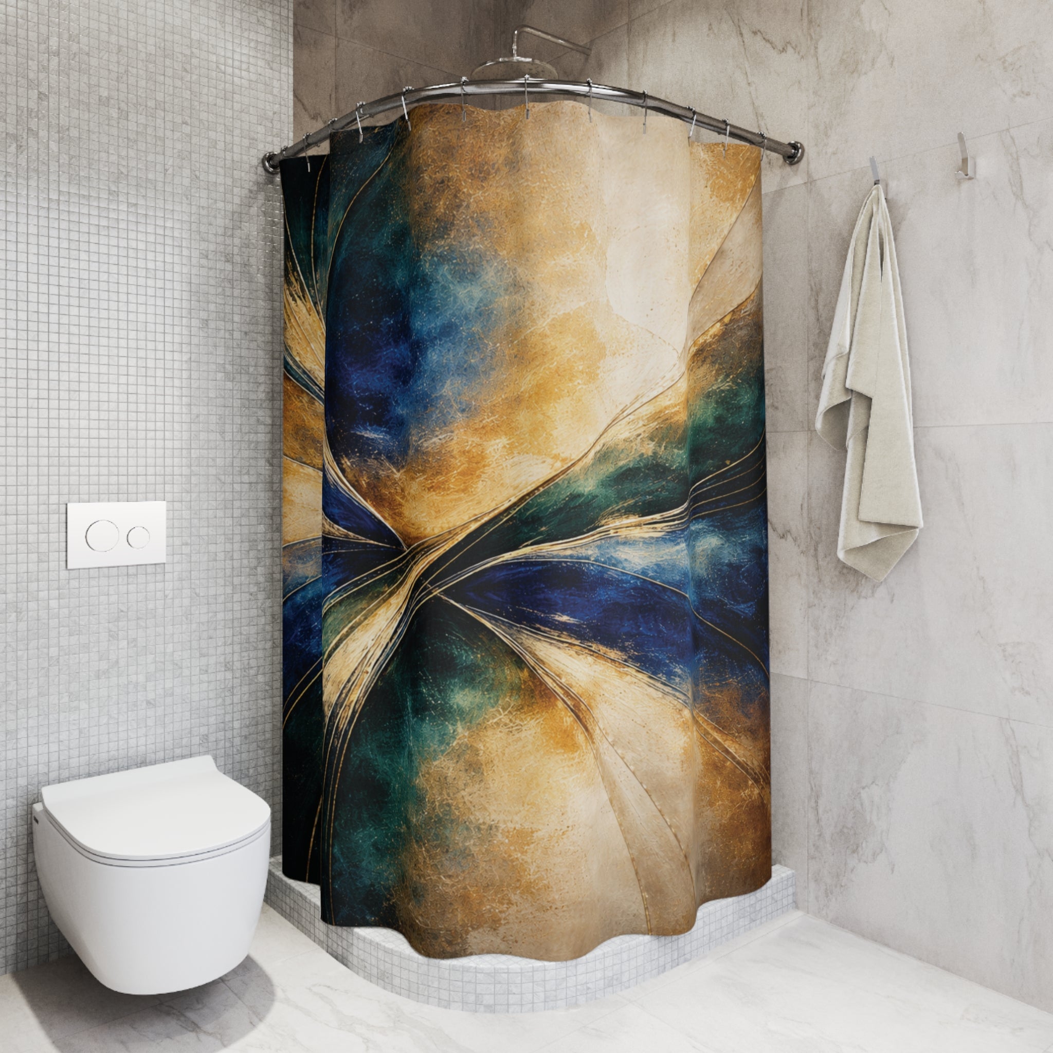 NeoDeco Luxury Blue & Gold Shower Curtain — Gilded Convergence