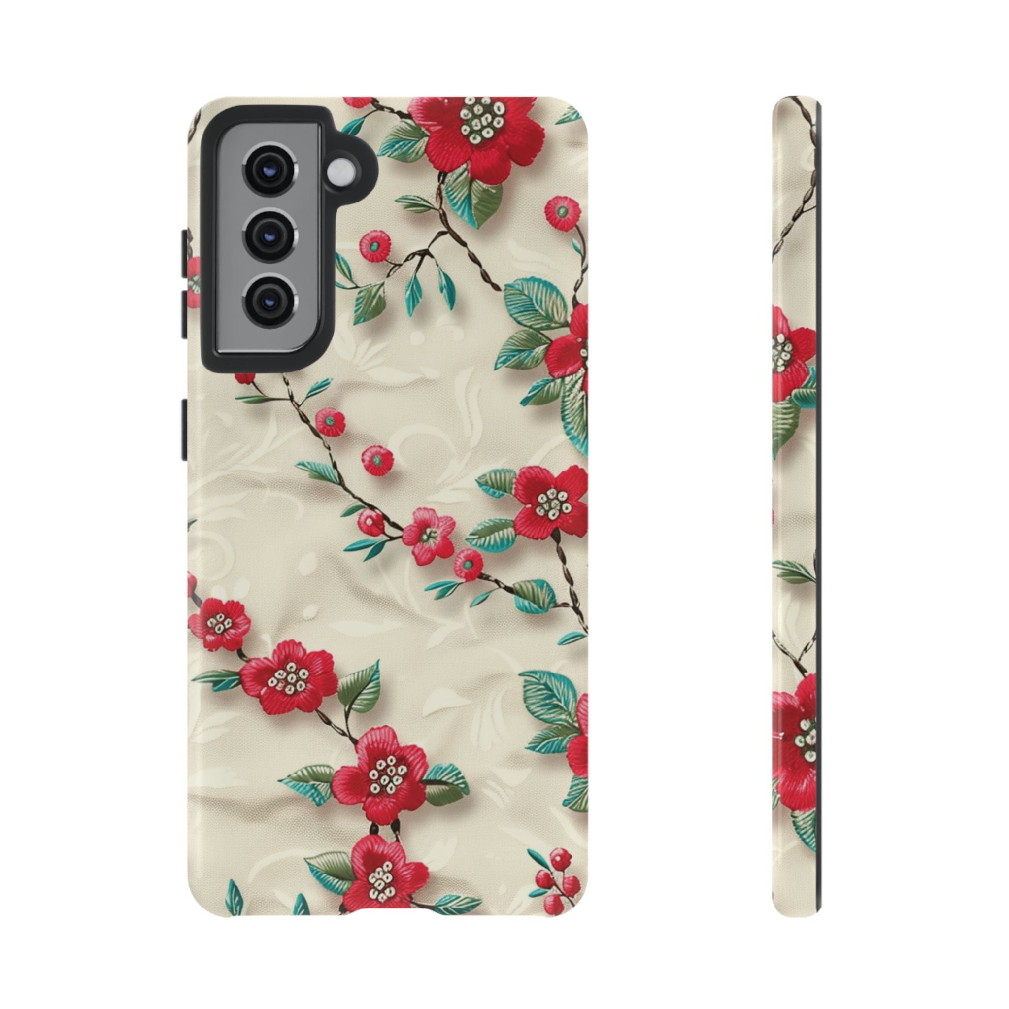 3D Embroidery Illusion Red Flowers Phone Case for iPhone, Samsung Pixel Artistic Floral Protection 15 14 13 12, 21 23 Gift for Her Perfect for Floral Lover