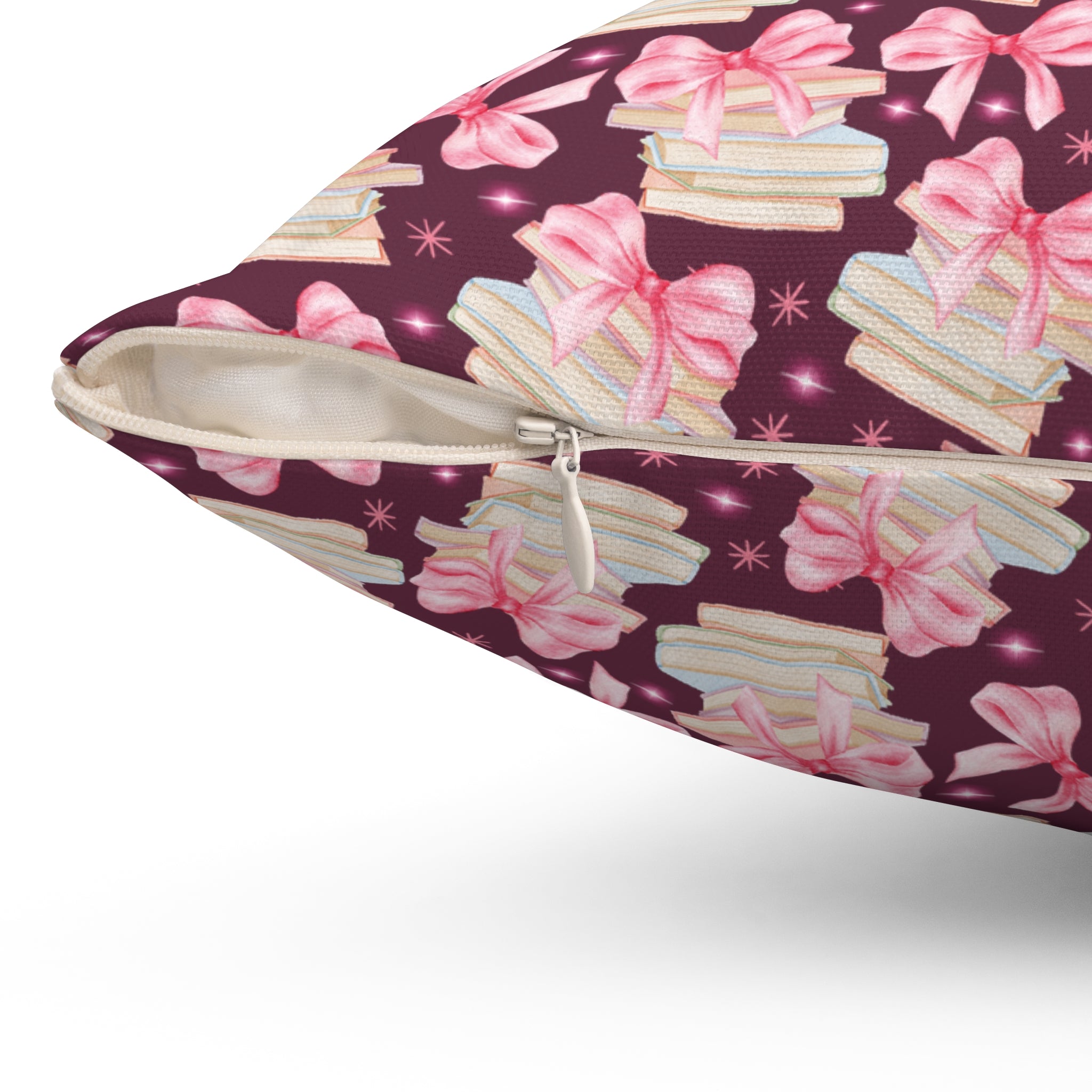 Boho Elegant Coquette Pink Bows & Books Square Pillow Vibrant Floral Design Soft and Stylish Decorative Throw Pillow for Boho-Inspired Home Décor Bridal Shower