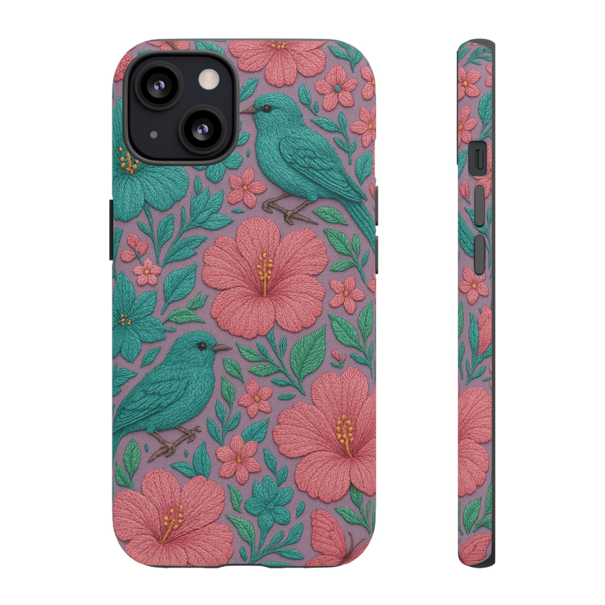 Turquoise, Pink and Lavender 3D Embroidery Illusion Phone Case Tropical Flowers, Birds & Butterflies Cover with Bold, Realistic Floral Texture iPhone, Samsung