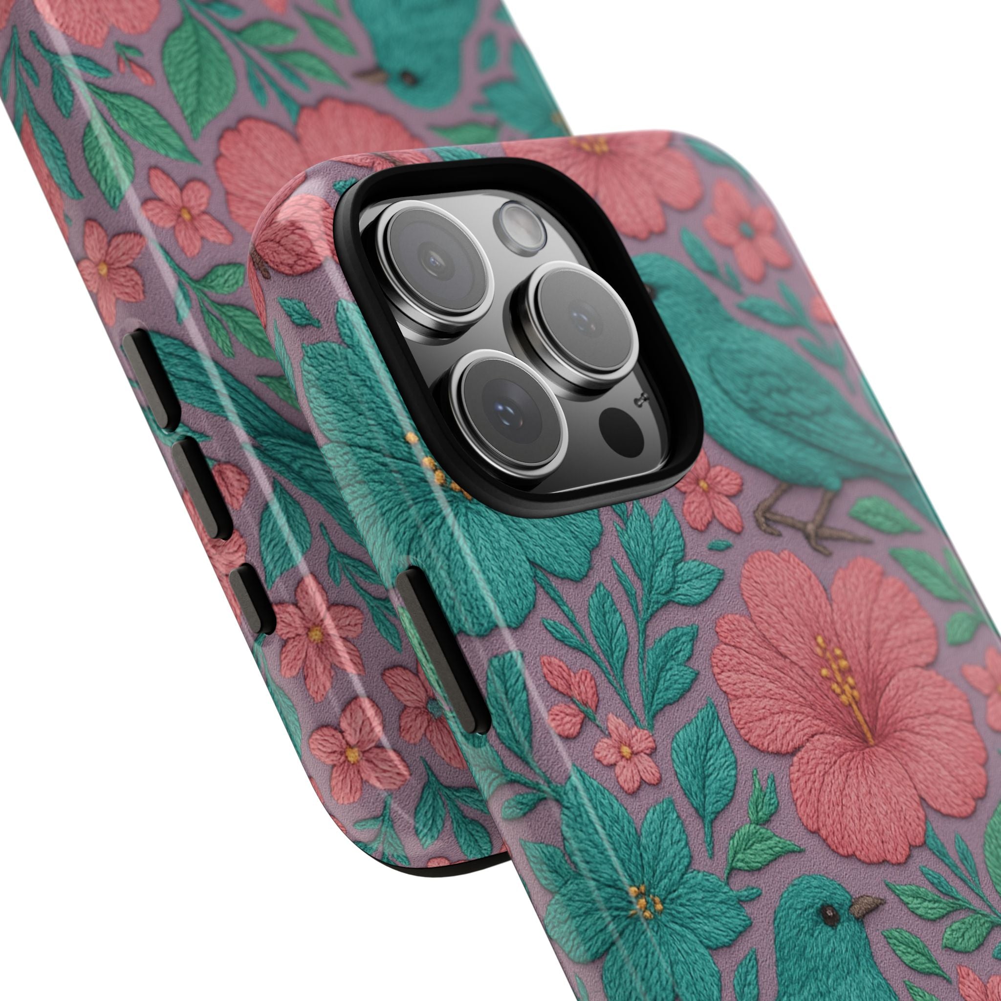 Turquoise, Pink and Lavender 3D Embroidery Illusion Phone Case Tropical Flowers, Birds & Butterflies Cover with Bold, Realistic Floral Texture iPhone, Samsung