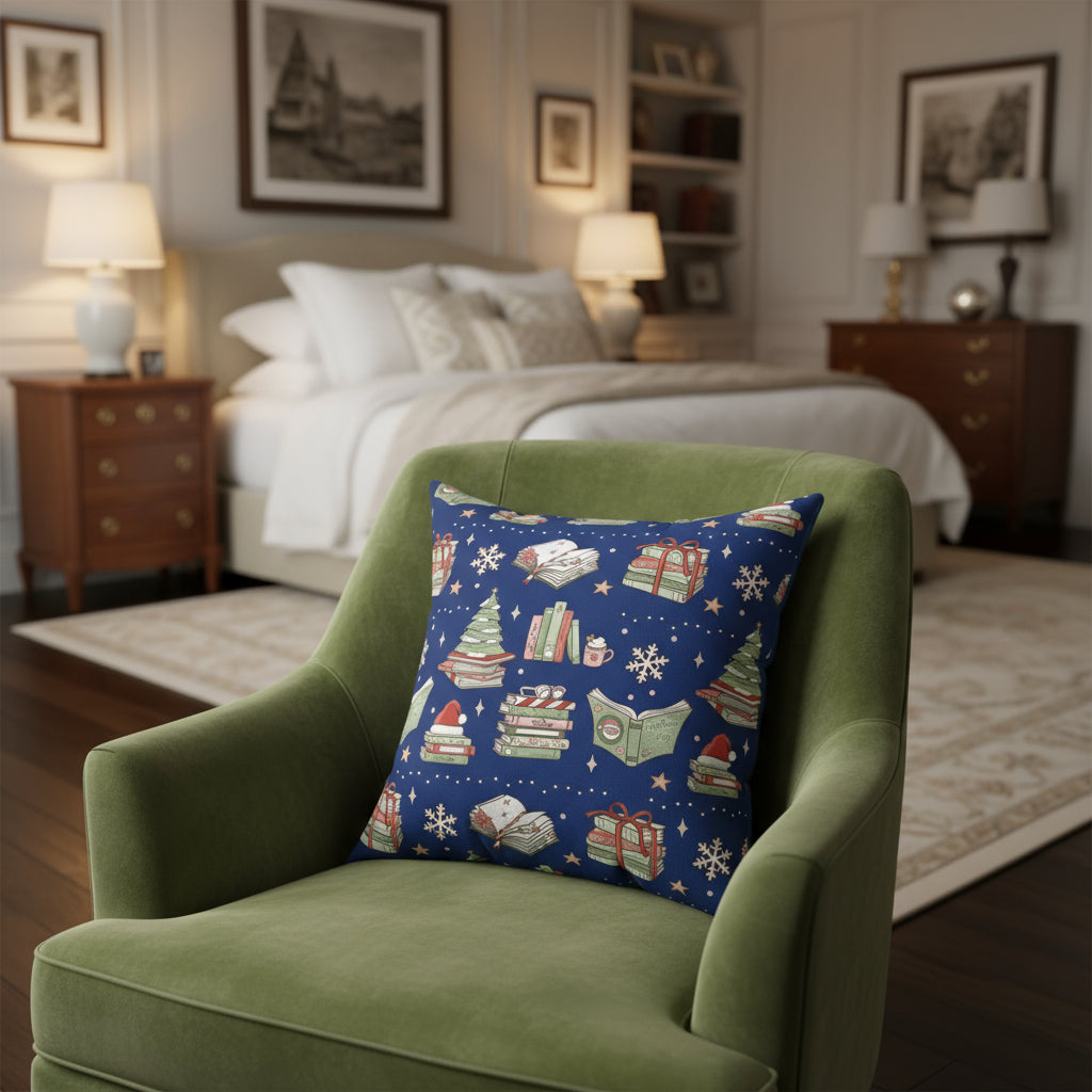 Decorative pillow with Christmas-themed pattern on a blue background