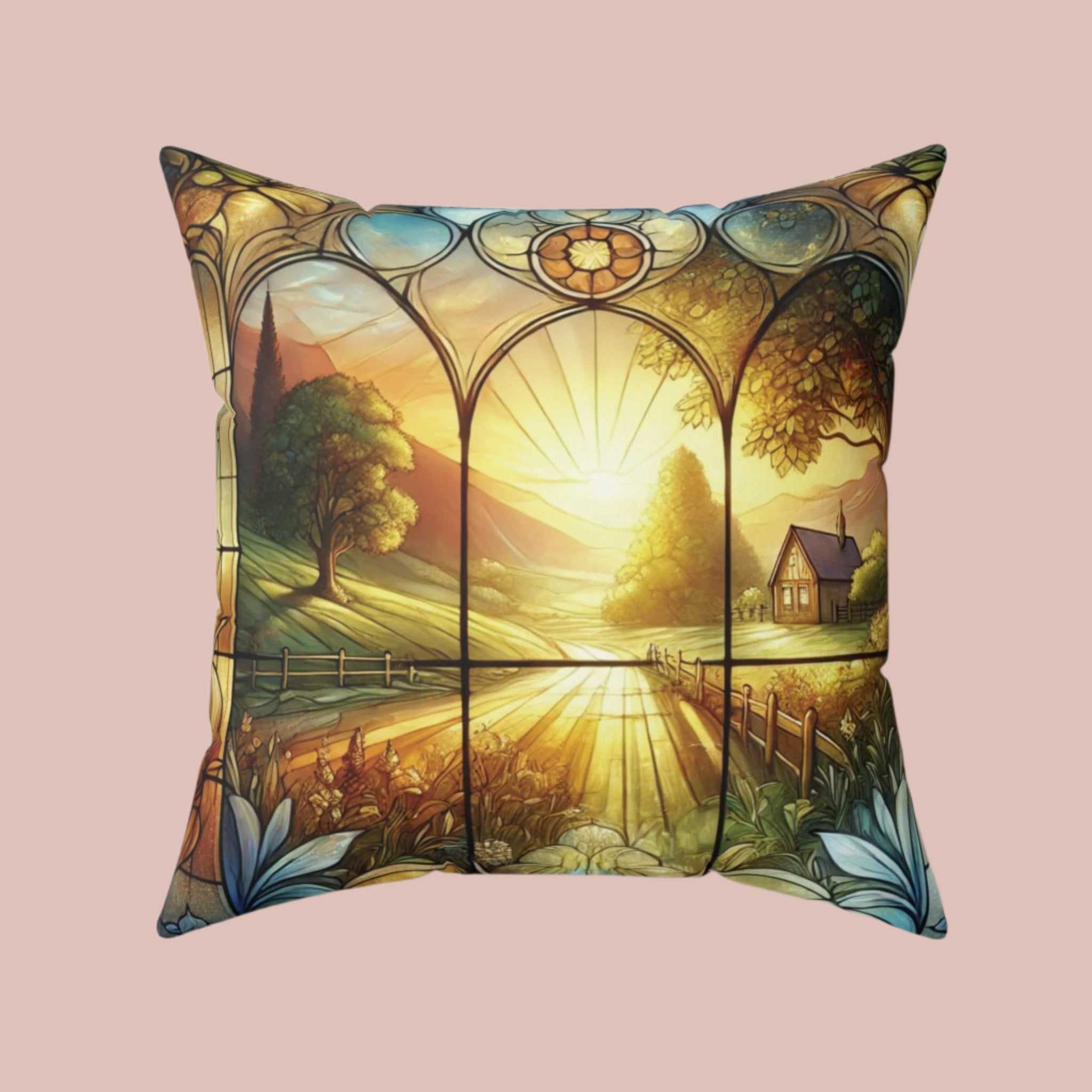 Farmhouse Sunset Stained Glass Illusion Pillow Rustic Country Scene Square Throw Pillow | Unique Home Decor for Living Room, Bedroom, or Gifting100% Polyester Cover with Double-Sided Print, Concealed Zipper, Bridal Shower Gift - MRSBYVALLE