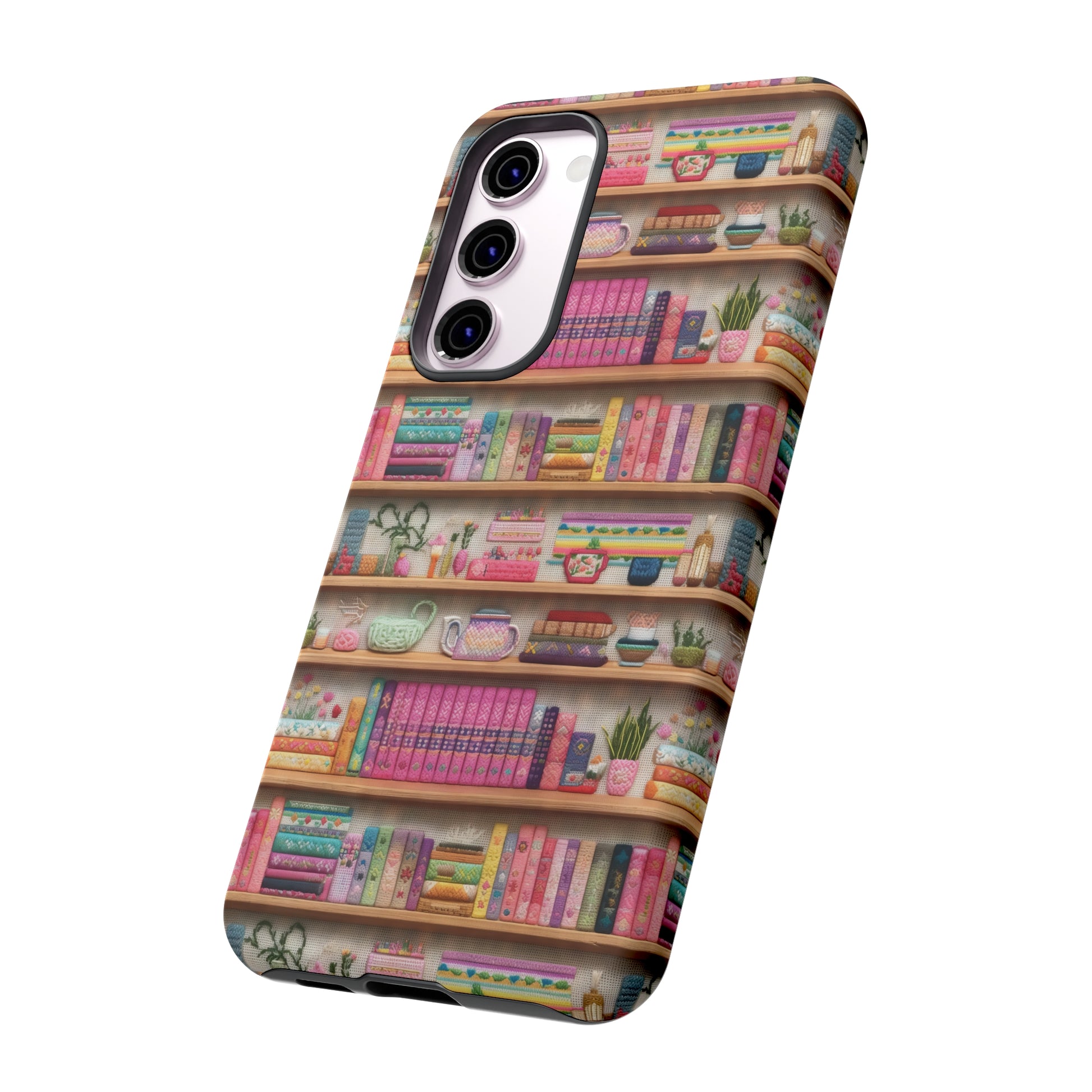 Phone Case 3D Illusion Books & Shelf Embroidery Design with Vibrant Colors Gift for Her Phone 15, Samsung iPhone Samsung Gift for Her Case iPhone 15, Samsung iPhone Samsung Accessory Gift for Her.