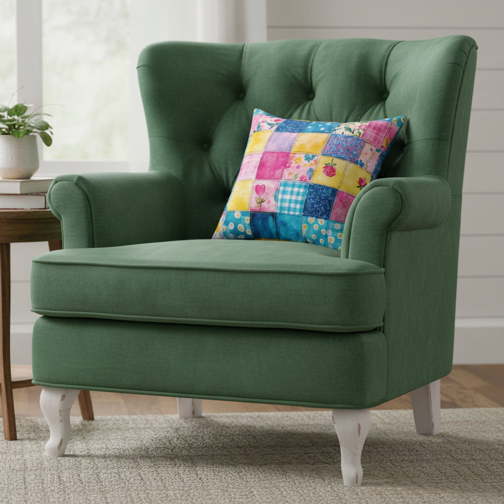 Colorful patchwork pillow with floral and geometric patterns on a white background