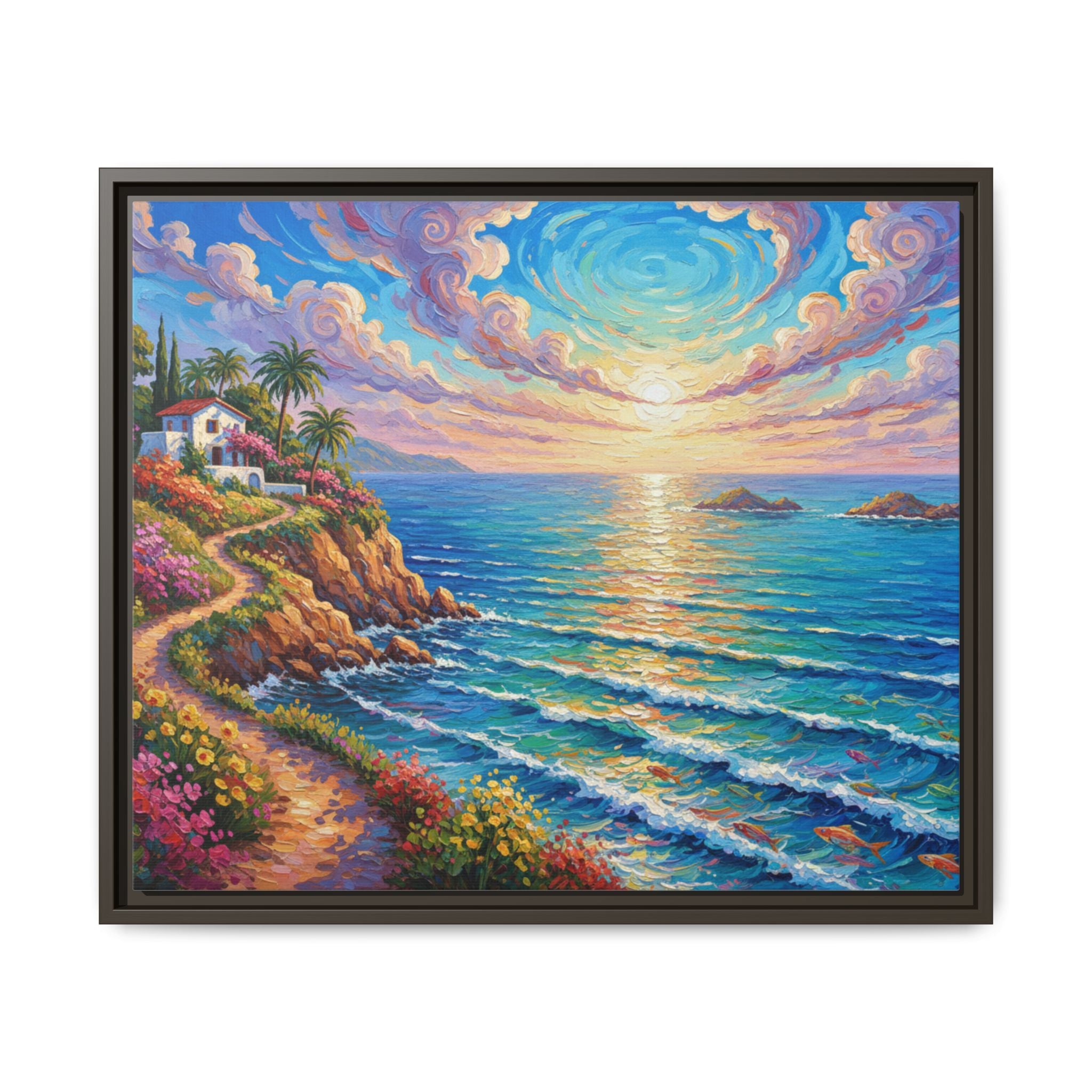 Ocean Floral Print Canvas | Bright Colorful Seascape Wall Art, Framed Matte Office Art Work