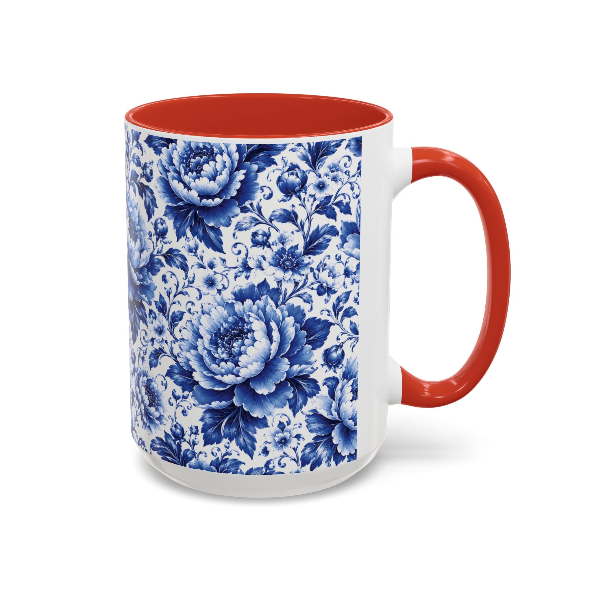 Blue Floral Ceramic Coffee Mug — Vintage Delft Peony Accent (11oz & 15oz) Blue & White Chinoiserie Tea Mug