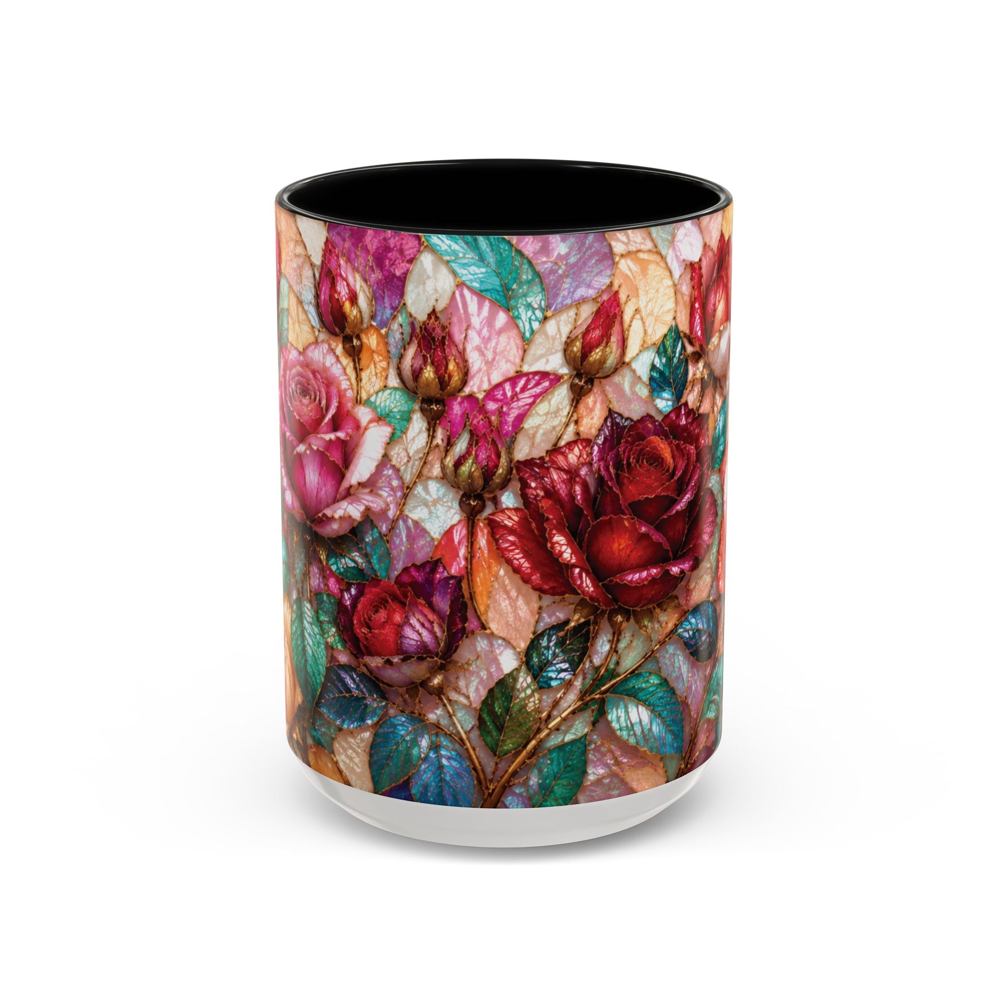 Floral Stained-Glass Accent Coffee Mug Colorful Rose Pattern (11/15 oz) Gift for Her