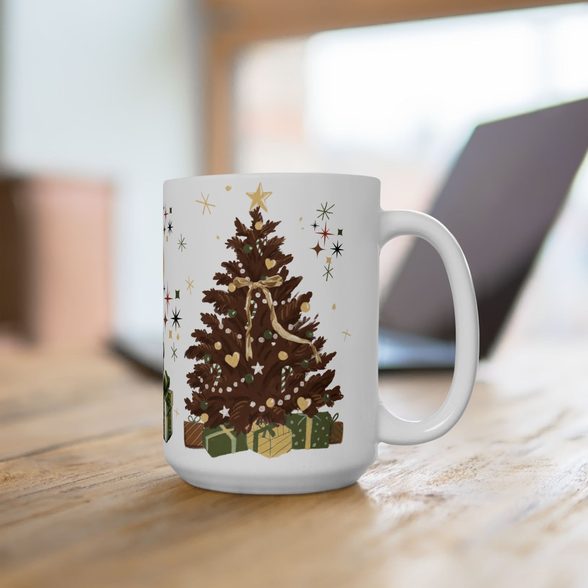 Brown Christmas Tree Mug, 11oz  15oz Holiday Coffee Cup, Rustic Winter Mug, Cozy Hot Chocolate Mug, Christmas Gift Idea, Festive Morning Vibes